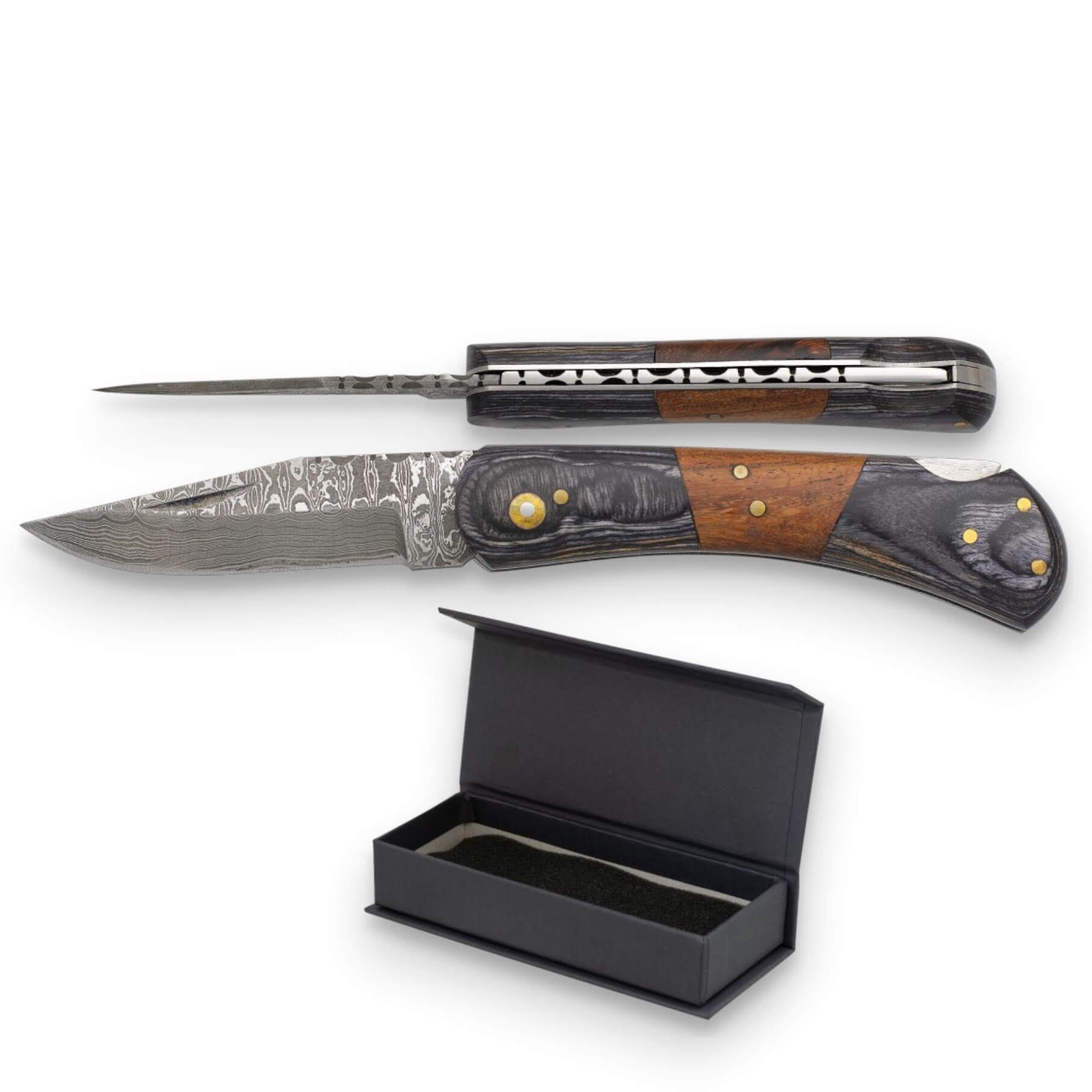 Navaja de bolsillo con hoja damasco de 312 capas y mango de estamina bicolor