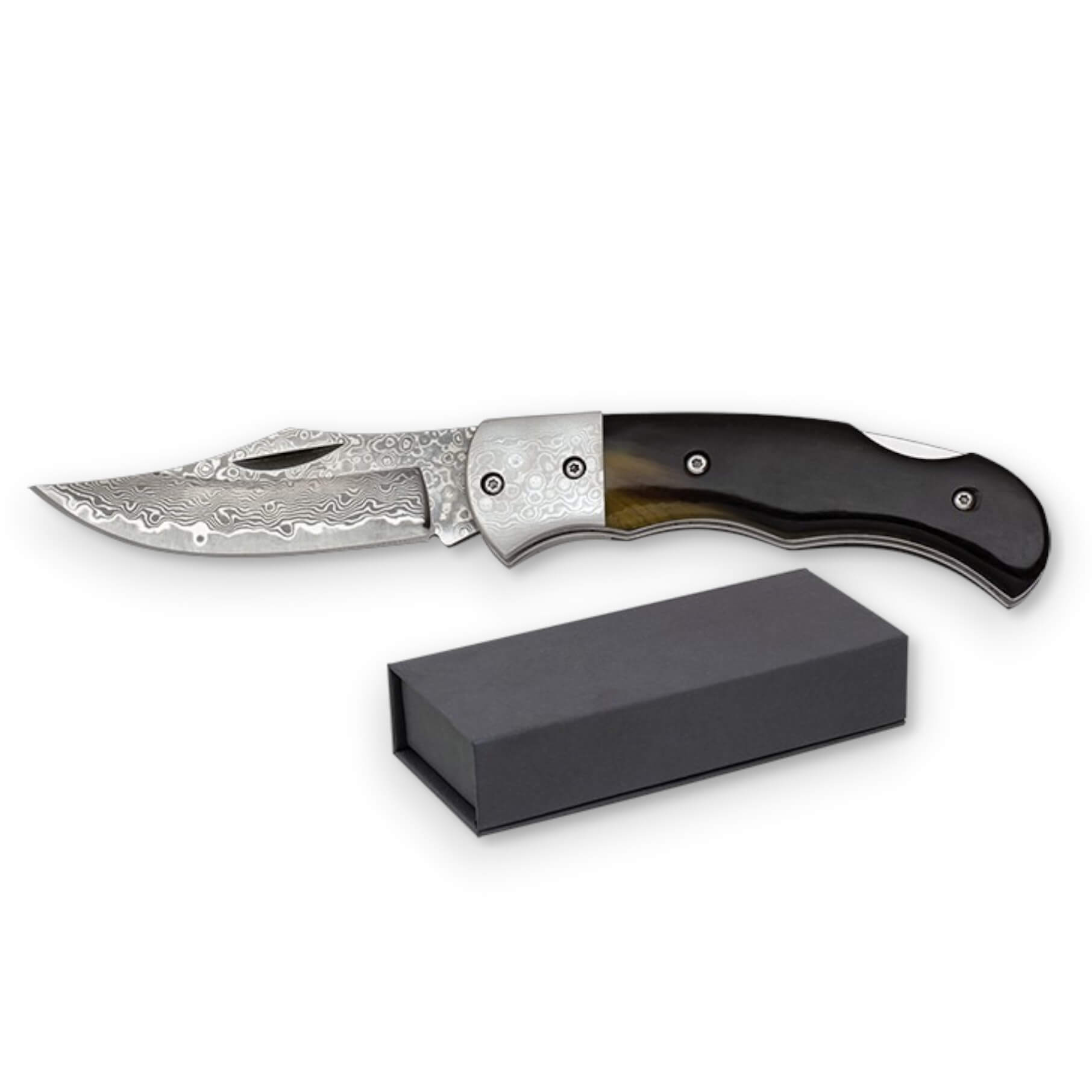 Navaja de acero damasco y asta de toro con hoja de 7.7 cm con bloqueo