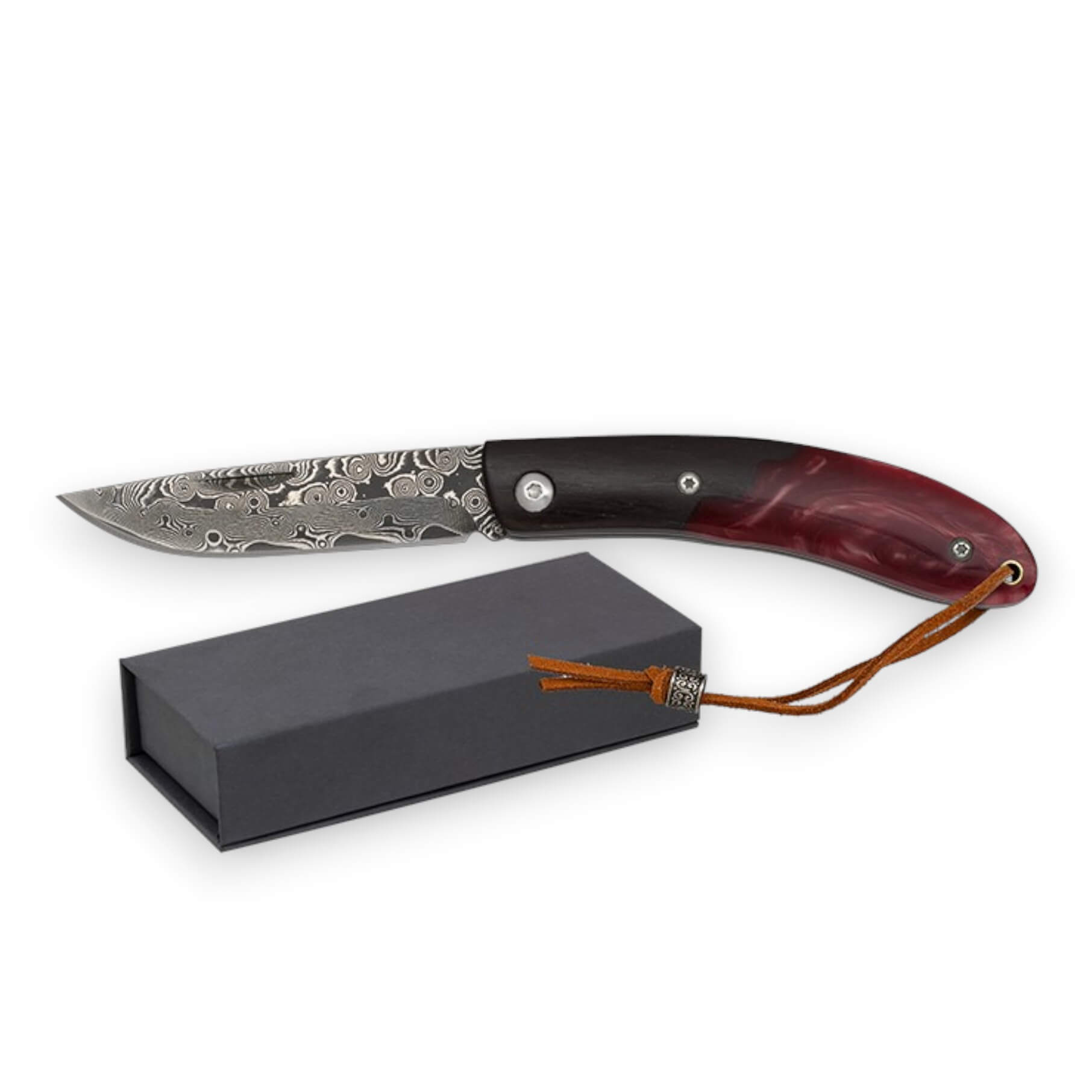 Navaja de bolsillo con hoja damasco de 7.3 cm y mango de ébano y resina