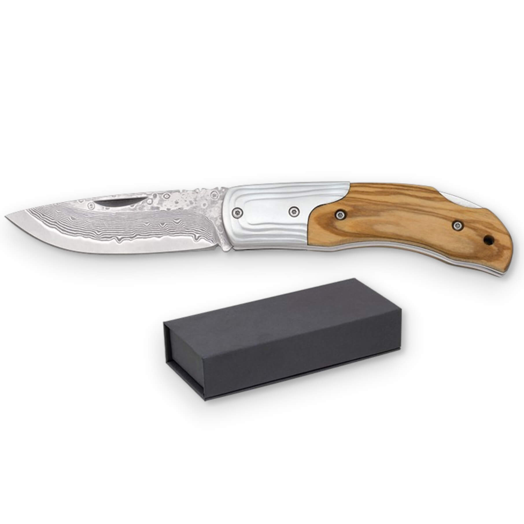 Navaja de bolsillo con hoja de acero damasco 67 capas de 7.7 cm y mango de madera de olivo