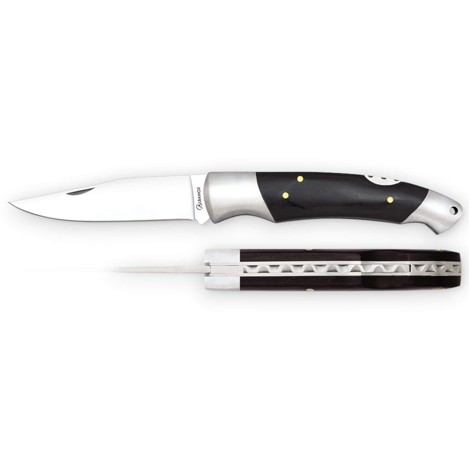 Navaja de bolsillo con hoja de 9.7 cm y mango de estamina negra con virola de acero