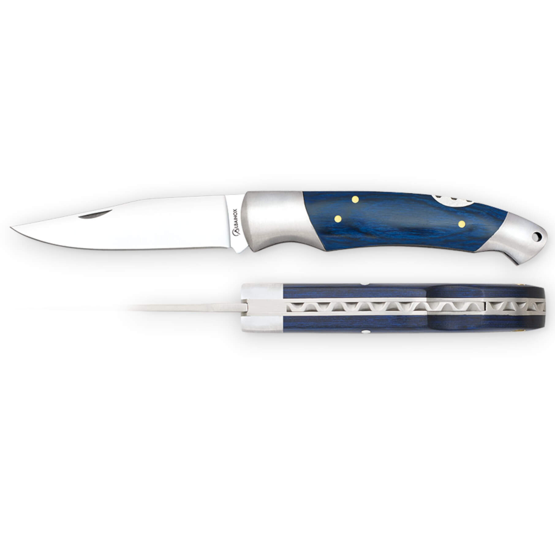 Navaja de bolsillo con hoja de 9.7 cm y mango de estamina azul con virola de acero