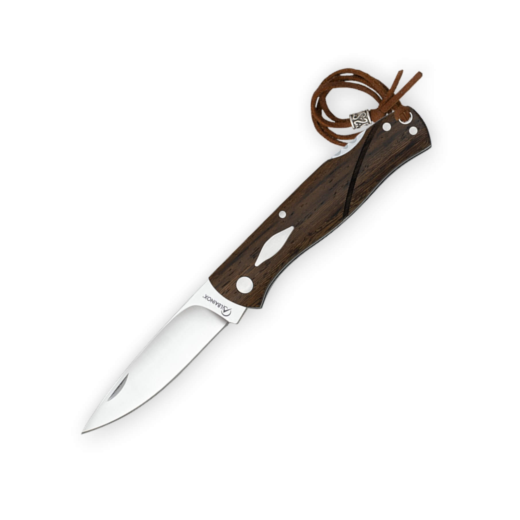 Navaja de bolsillo con hoja ancha de 8 cm y mango wengué con inserción decorativa y lockback