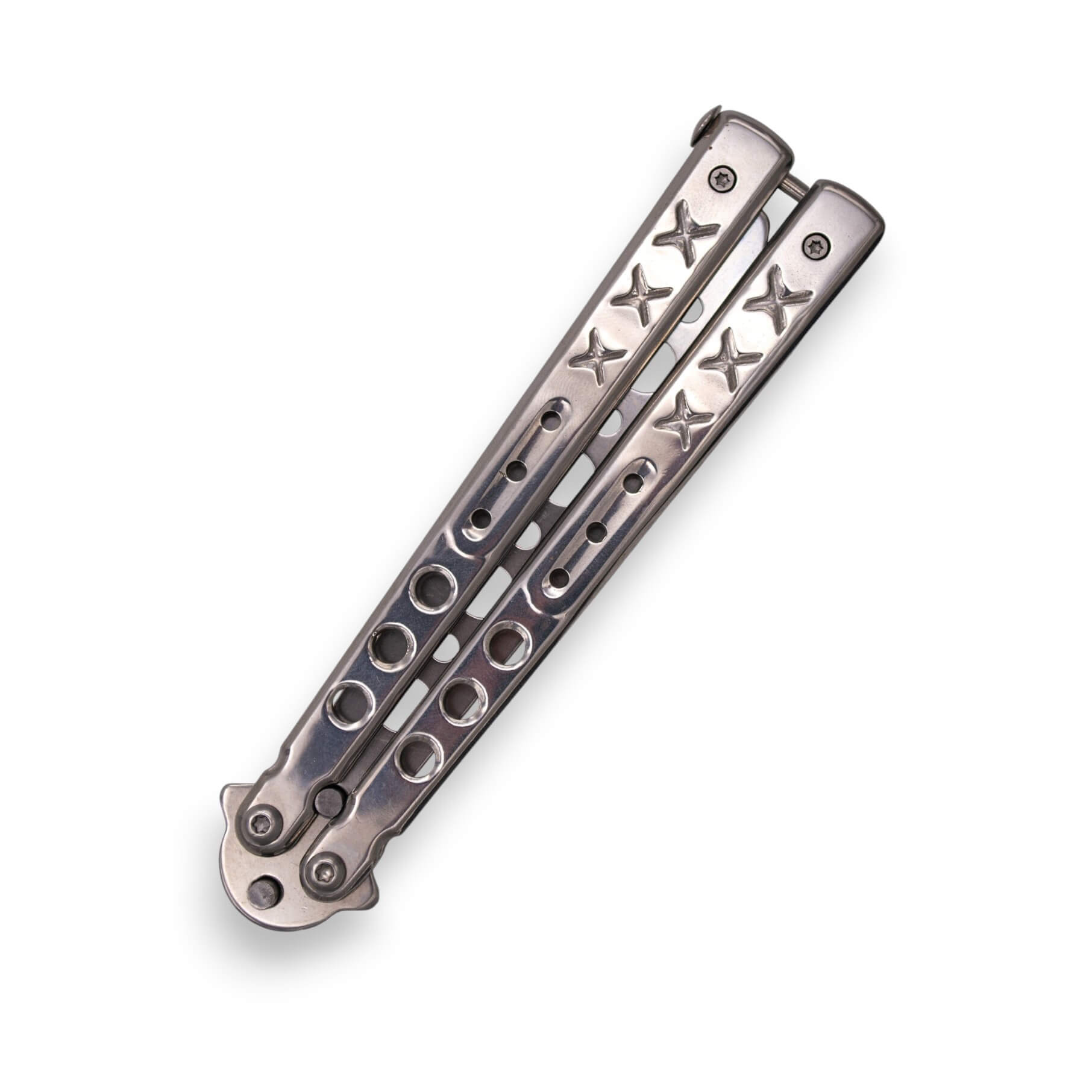 Navaja mariposa sin filo con agujeros y mango de acero acabado brillo espejo