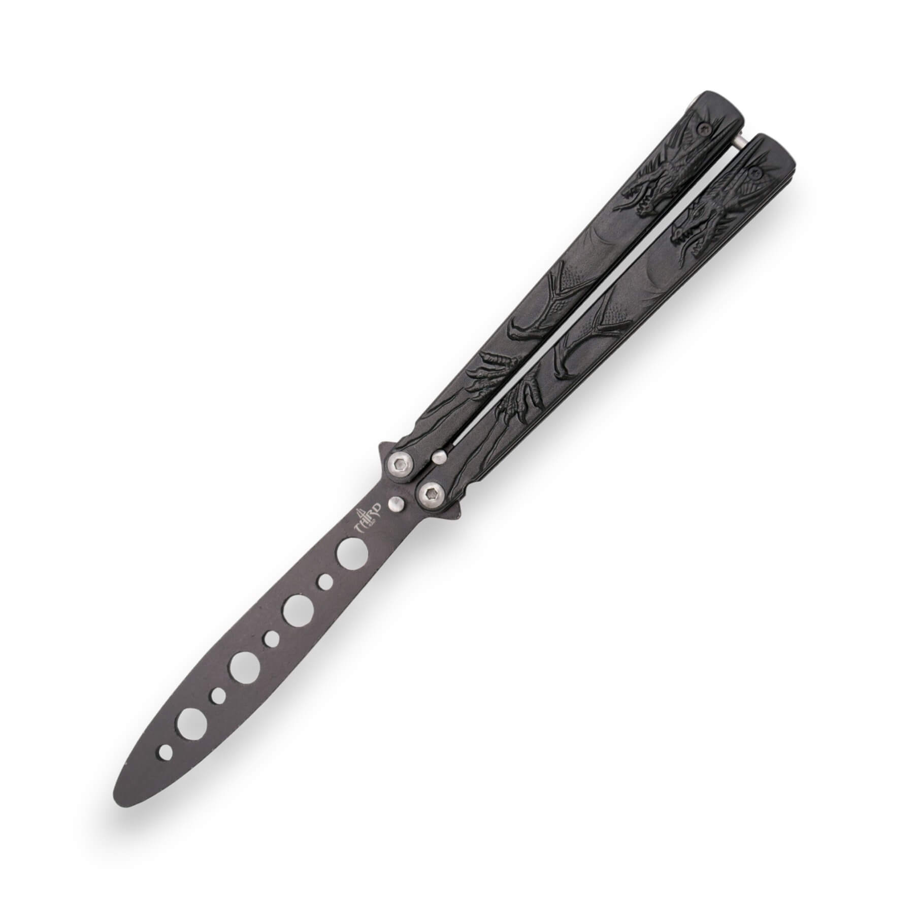 Navaja mariposa sin filo con hoja negra con agujeros y mango de a...