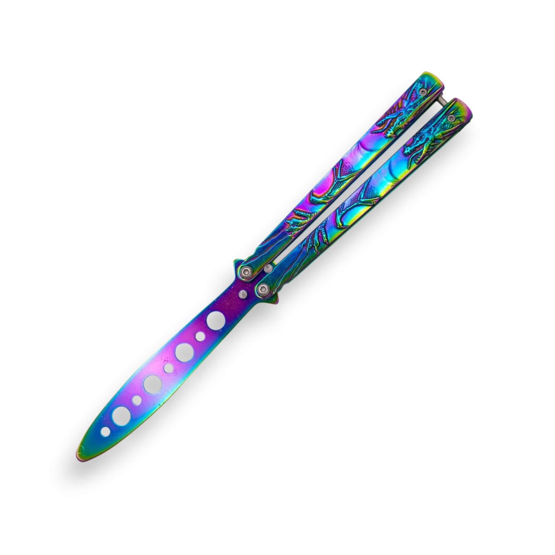 Navaja mariposa sin filo con hoja negra con agujeros y mango de a...