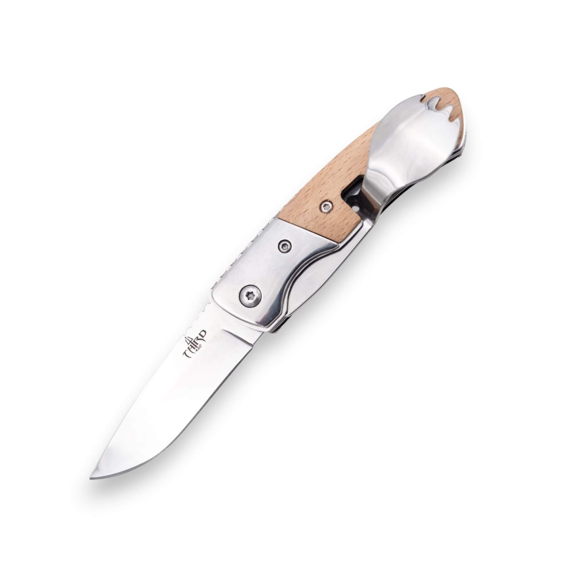 Navaja multiusos con tenedor y cuchara con mango de madera de haya