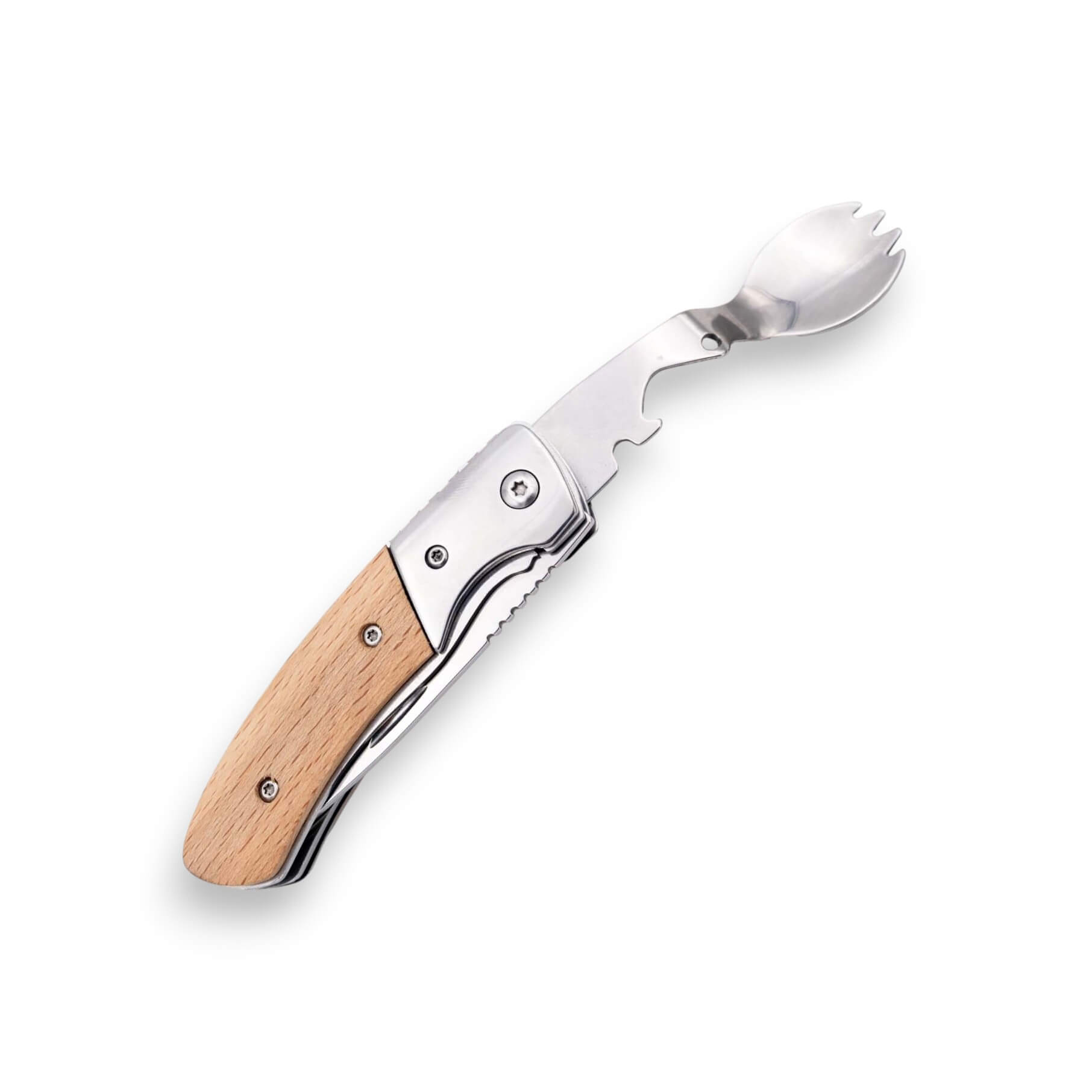 Navaja multiusos con tenedor y cuchara con mango de madera de haya
