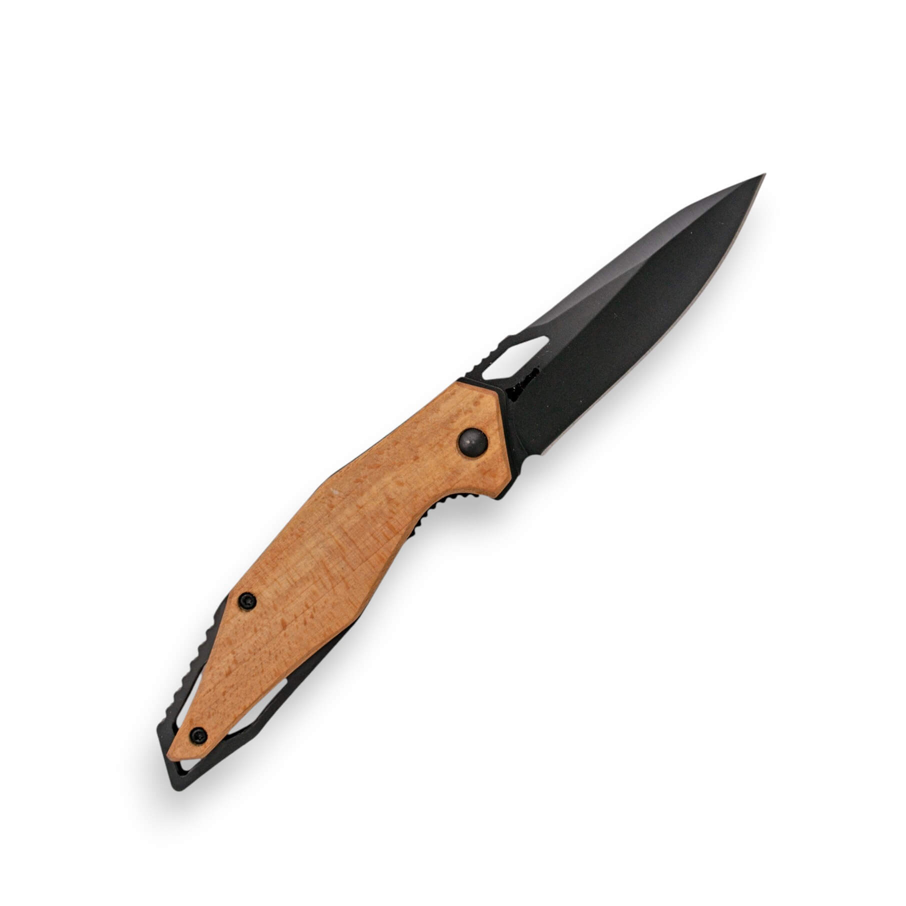 Navaja de bolsillo con mango de madera de haya y hoja de pistón de 7.8 cm con acabado negro