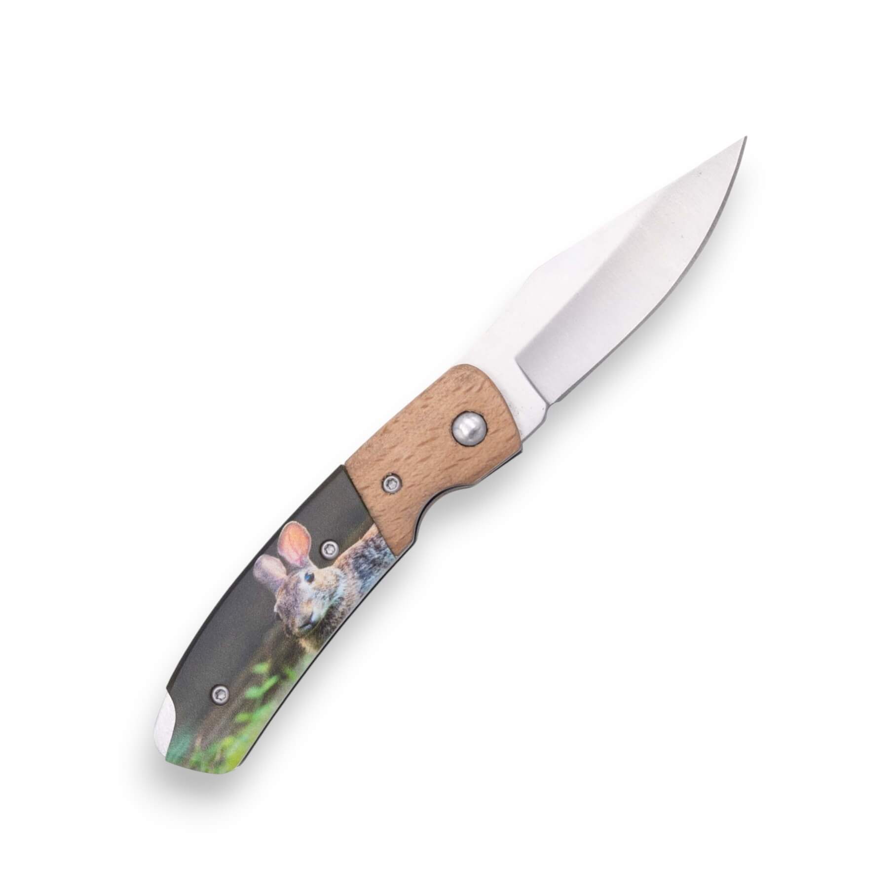 Navaja de bolsillo con mango de ABS con decoración de conejo en 3d y hoja de acero inox de 6.5 cm