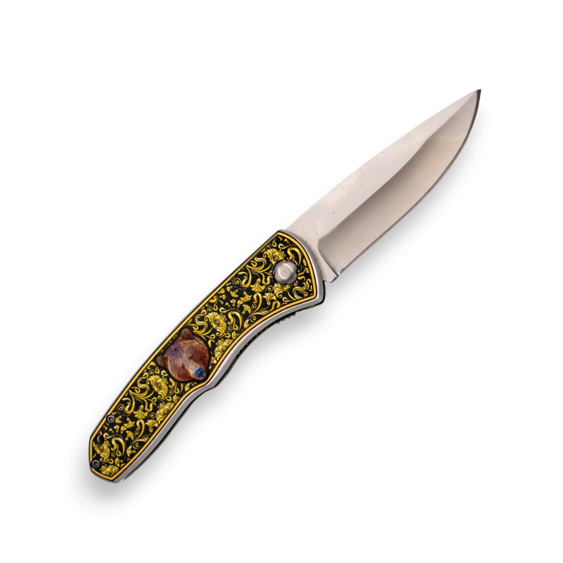 Klappmesser mit Aluminiumgriff mit 3D-Damaszierung und Bärenmotiv, 9 cm Klinge