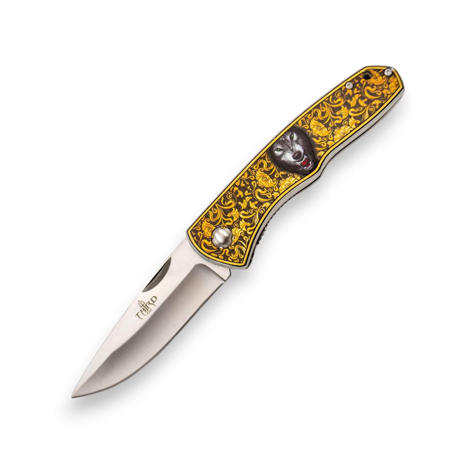 Klappmesser mit Aluminiumgriff mit 3D-Damaszierung und Wolfsmotiv...