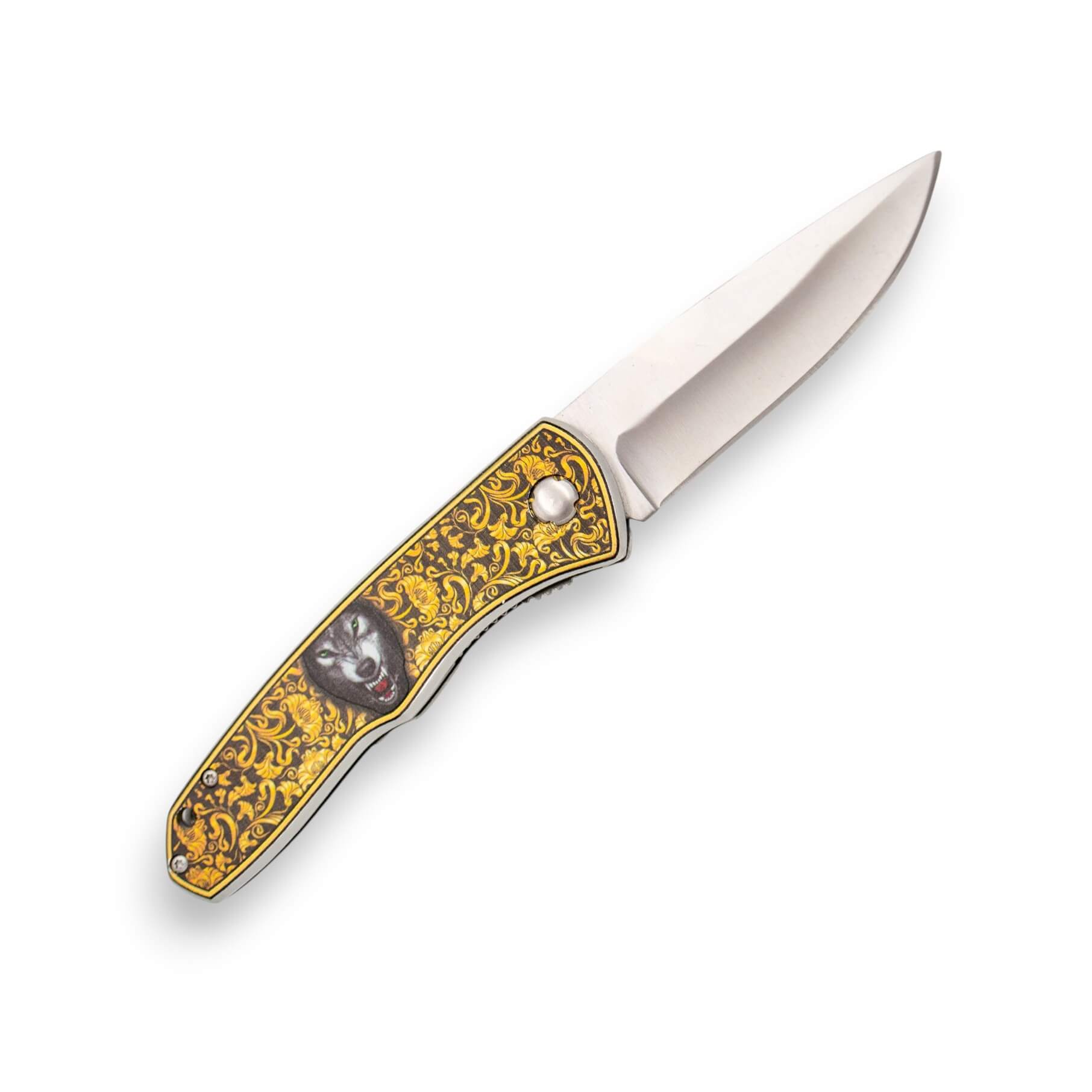 Klappmesser mit Aluminiumgriff mit 3D-Damaszierung und Wolfsmotiv, 9 cm Klinge