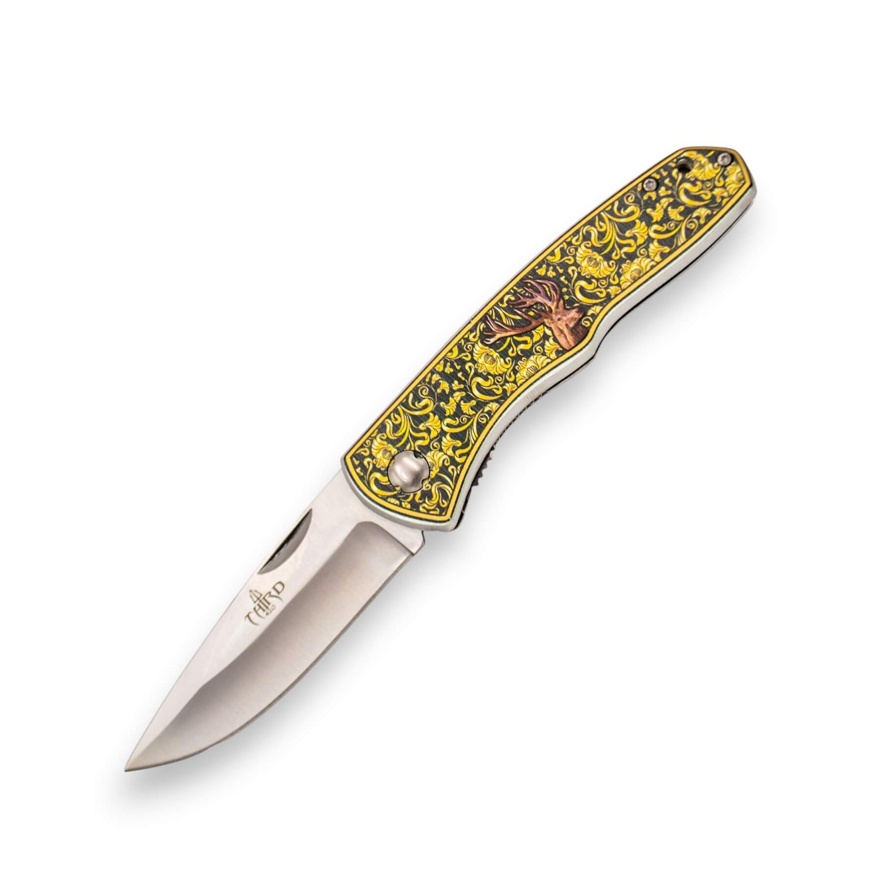 Klappmesser mit Aluminiumgriff mit 3D-Damaszierung und Hirschmoti...