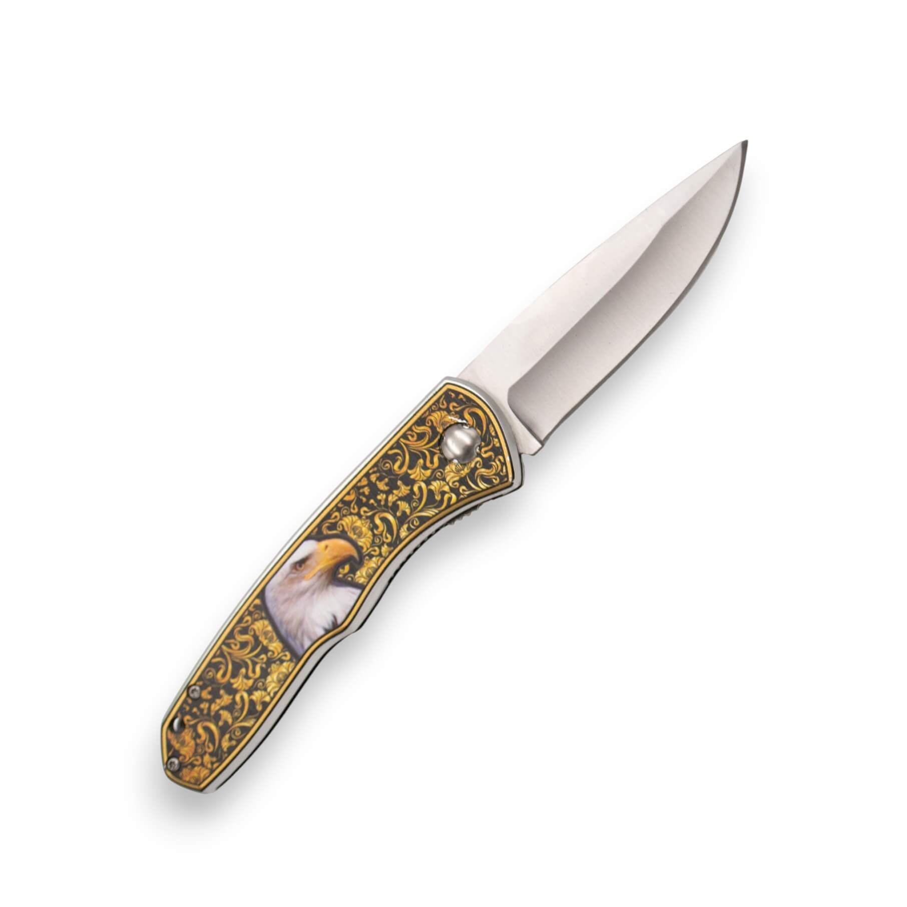 Coltello pieghevole con manico in alluminio con primer damascato 3D e testa d'aquila, lama da 9 cm.