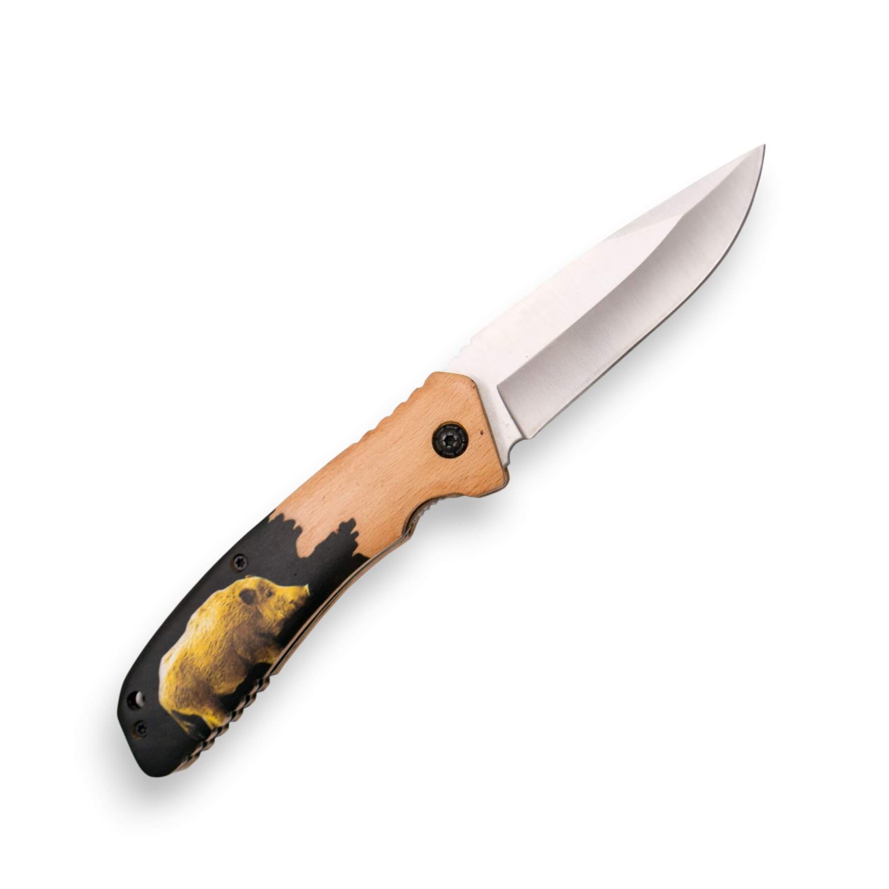 Klappmesser mit Buchenholzgriff mit 3D-Wildschweinmotiv und 8,5 cm langer Klinge