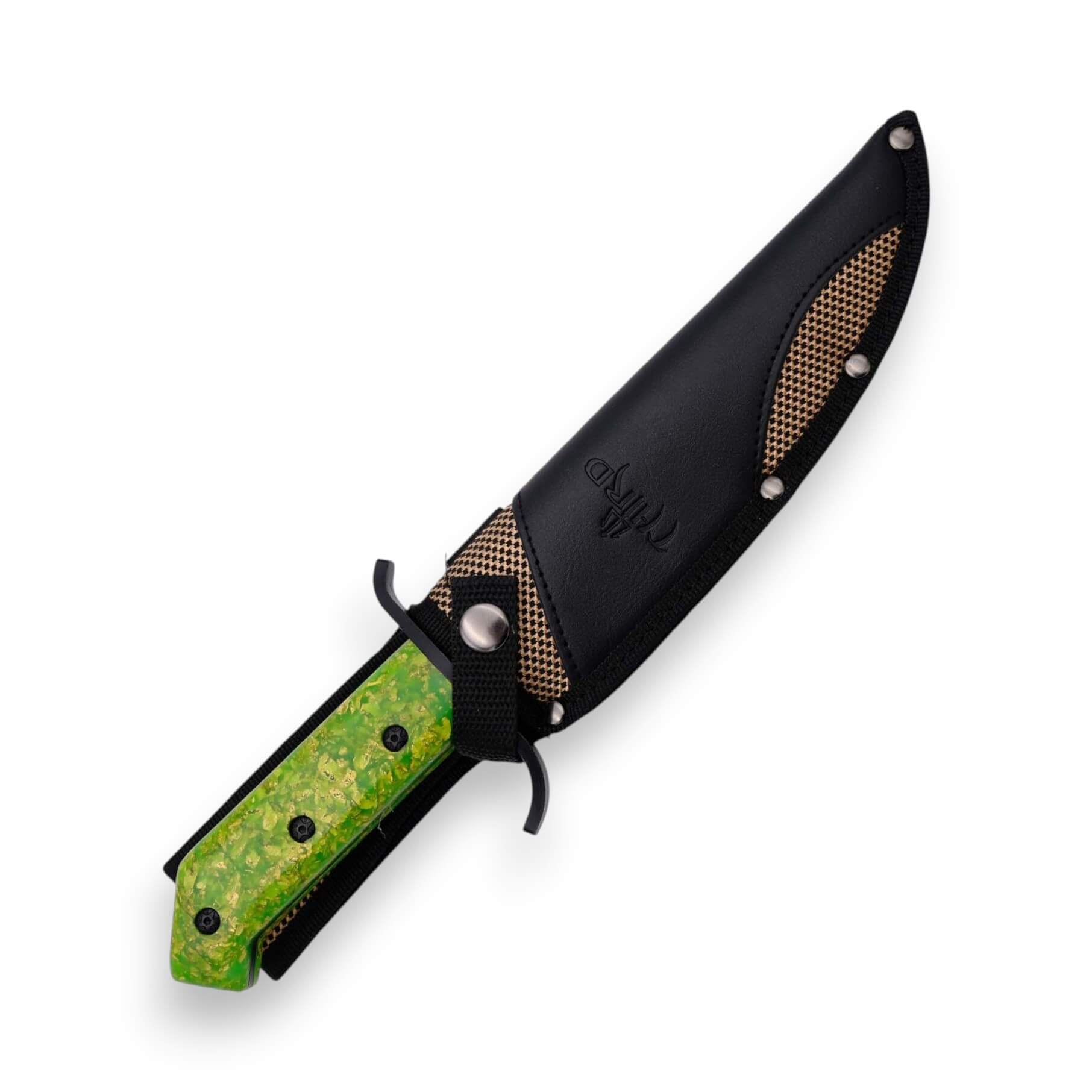 Bowie-Messer mit 20 cm langer schwarzer Klinge und fluoreszierend grünem Harzgriff mit Scheide