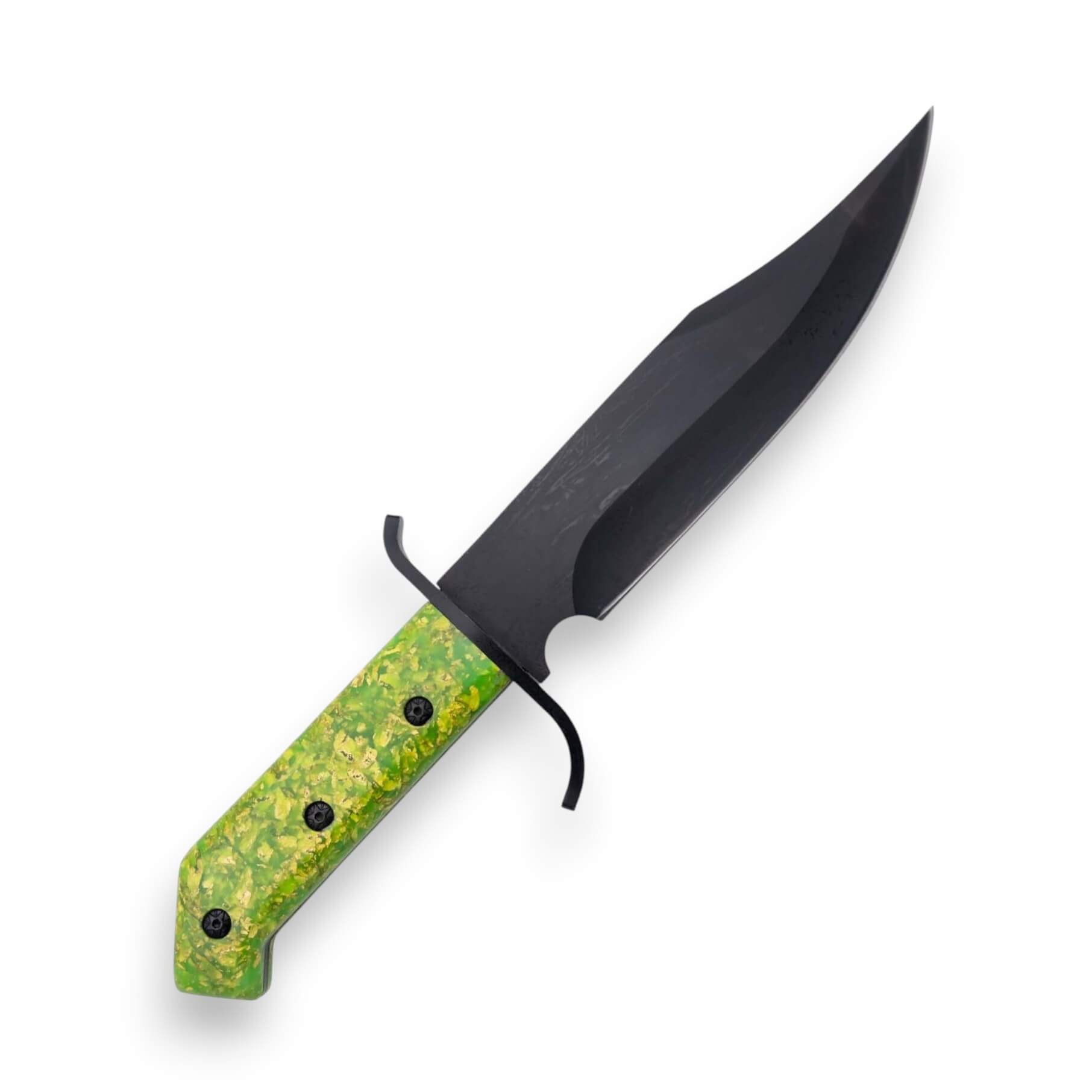 Bowie-Messer mit 20 cm langer schwarzer Klinge und fluoreszierend grünem Harzgriff mit Scheide