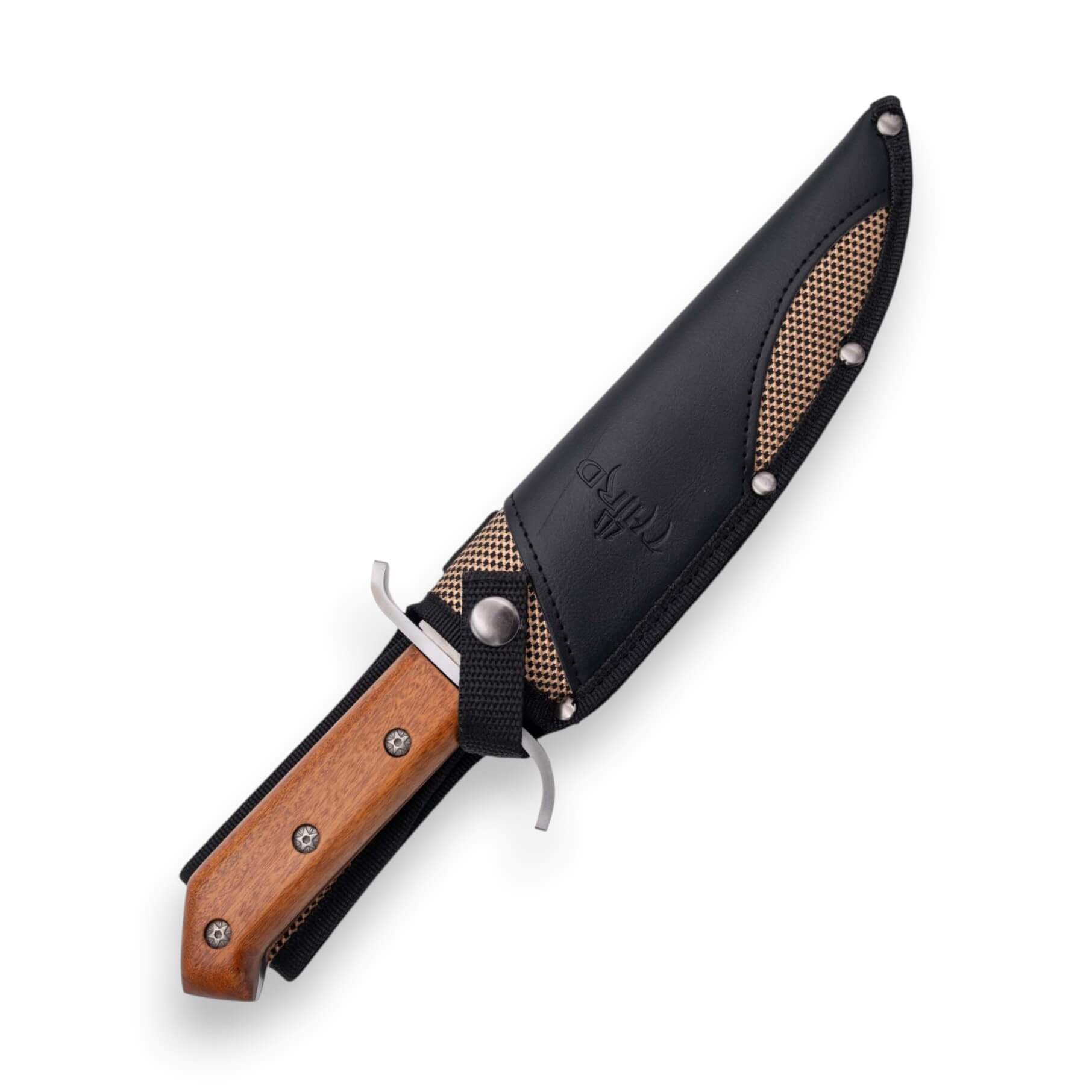 Bowie-Messer mit 20 cm langer, satinierter Klinge und Rosenholzgriff mit Scheide