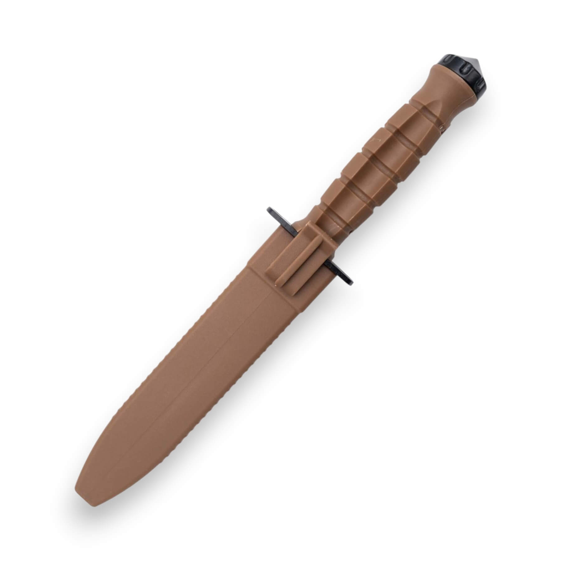 Taktisches Messer mit einer 17,1 cm langen schwarzen Klinge und einem braunen TPR-Griff mit Scheide