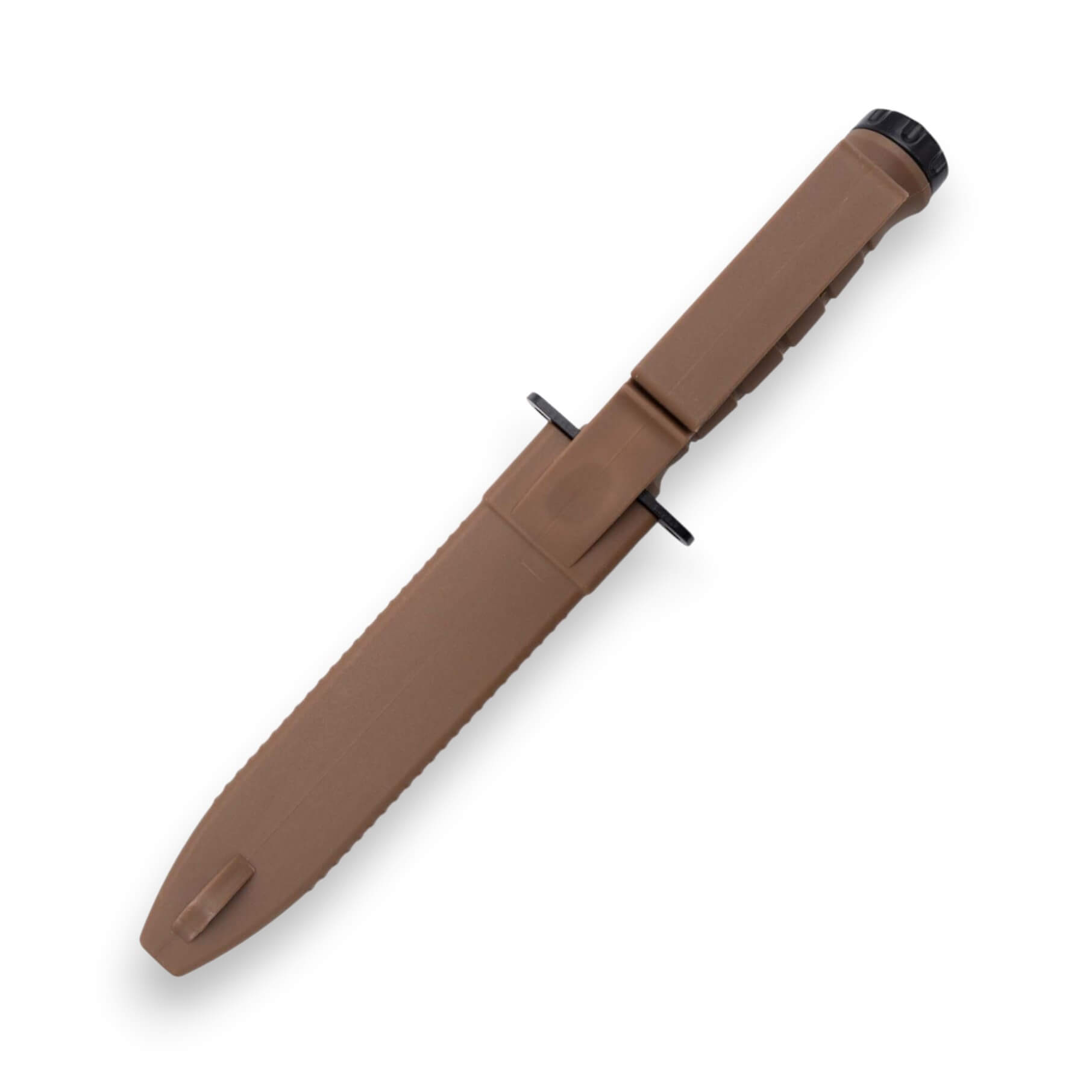 Taktisches Messer mit einer 17,1 cm langen schwarzen Klinge und einem braunen TPR-Griff mit Scheide