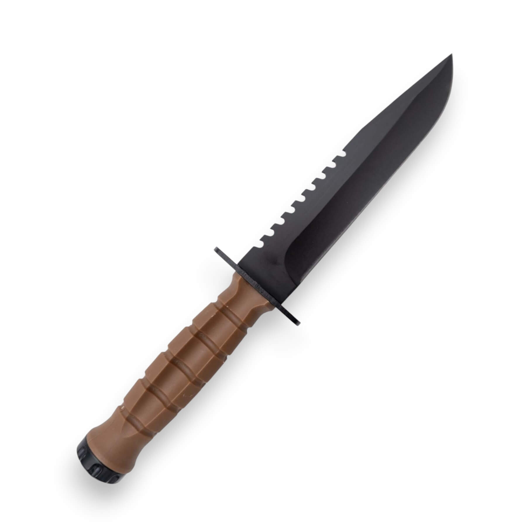 Taktisches Messer mit einer 17,1 cm langen schwarzen Klinge und einem braunen TPR-Griff mit Scheide