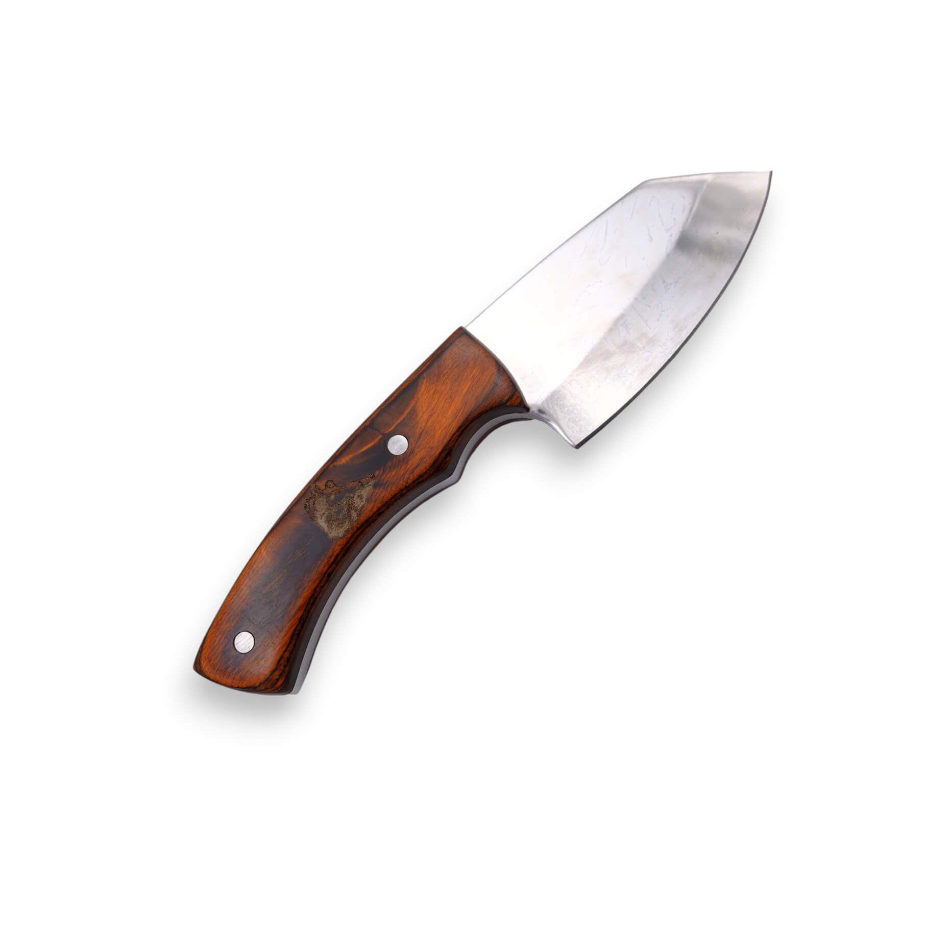 Jagdmesser mit einer 8 cm langen, spiegelpolierten Klinge und einem Griff aus Pakkaholz.