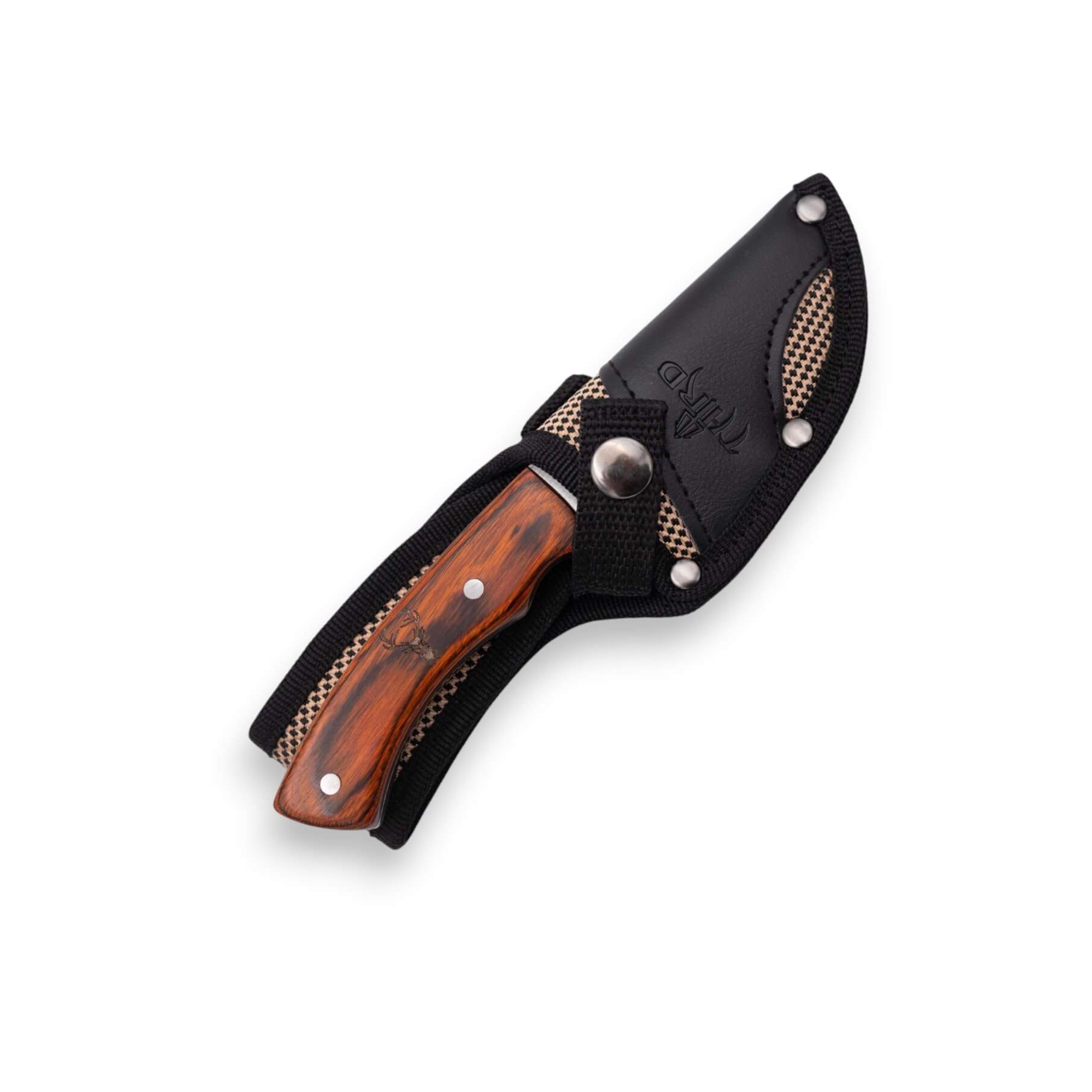 Jagdmesser mit einer 8 cm langen, satinierten Klinge und einem Griff aus Pakkaholz