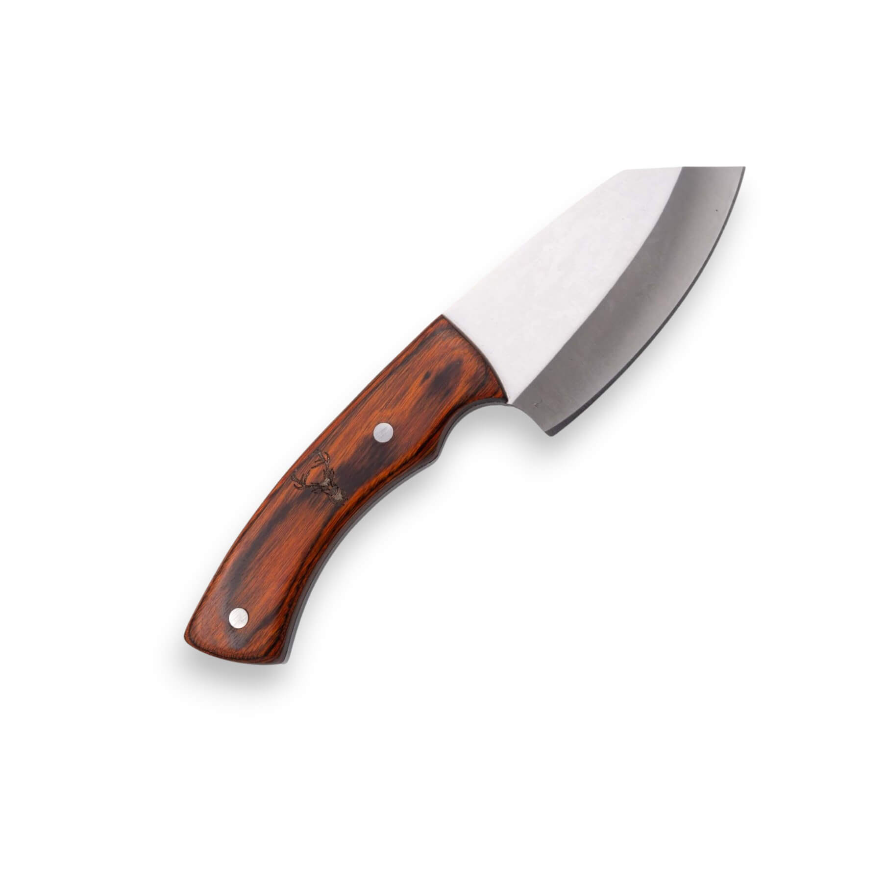 Jagdmesser mit einer 8 cm langen, satinierten Klinge und einem Griff aus Pakkaholz