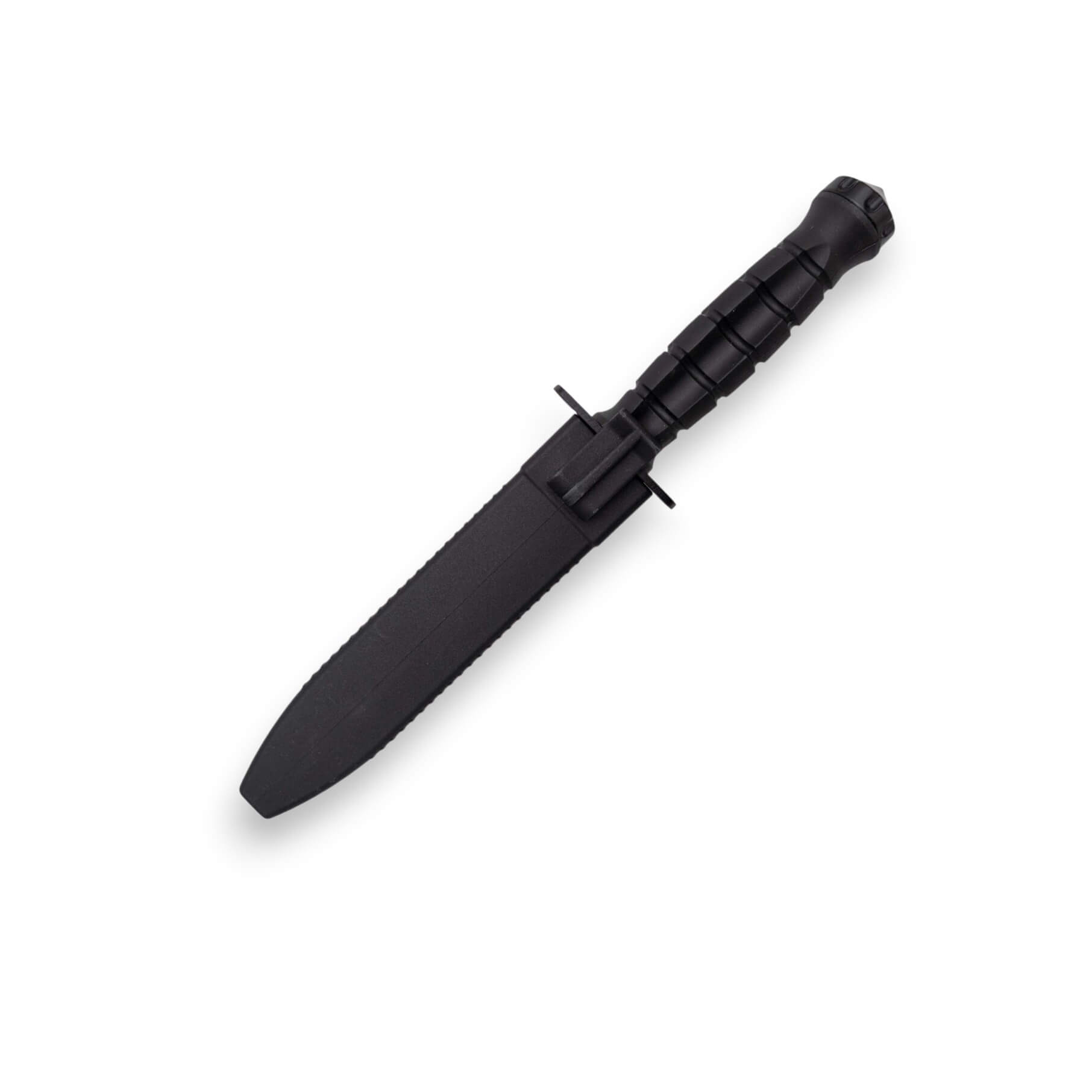 Taktisches Messer mit einer 17,1 cm langen schwarzen Klinge und einem Schwarzem TPR-Griff mit Scheide