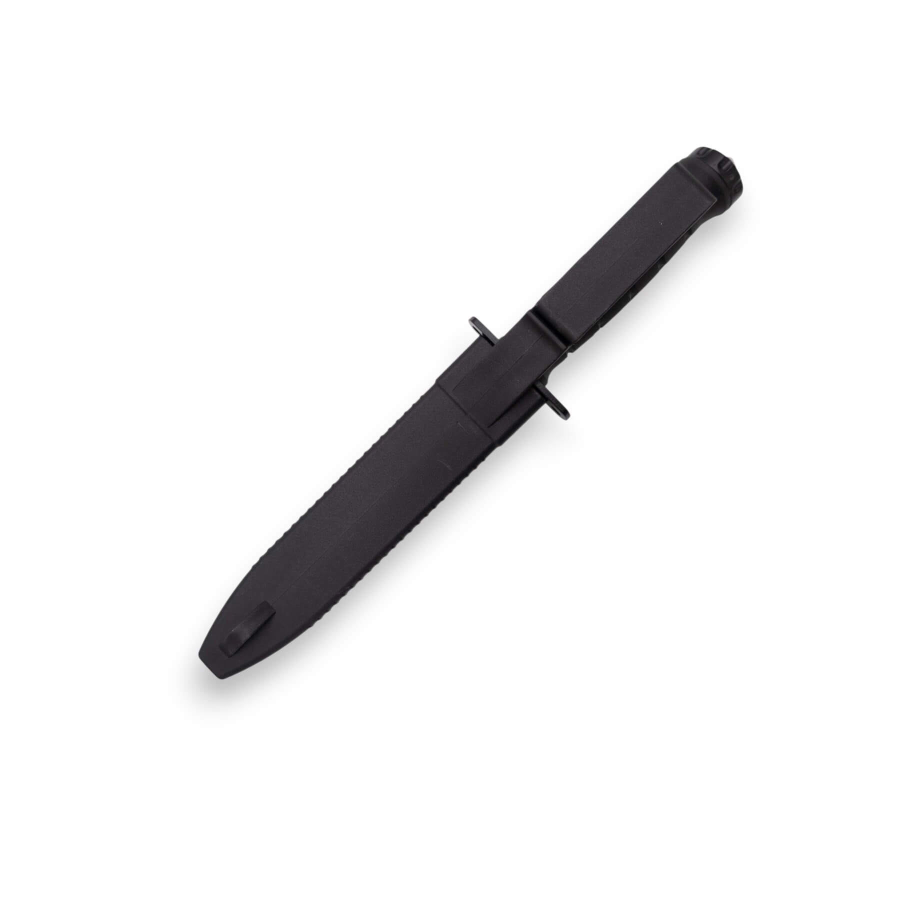 Taktisches Messer mit einer 17,1 cm langen schwarzen Klinge und einem Schwarzem TPR-Griff mit Scheide