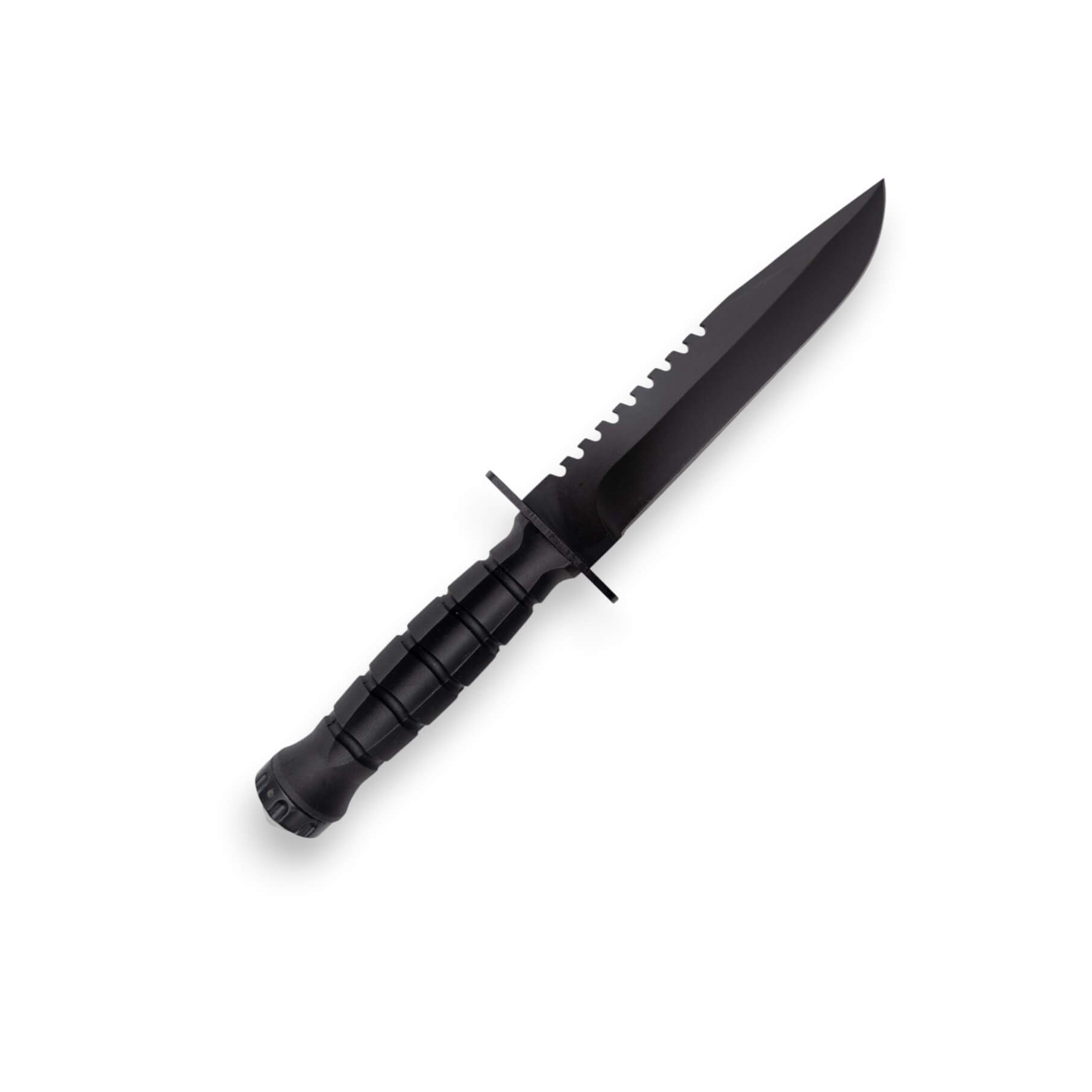 Taktisches Messer mit einer 17,1 cm langen schwarzen Klinge und einem Schwarzem TPR-Griff mit Scheide