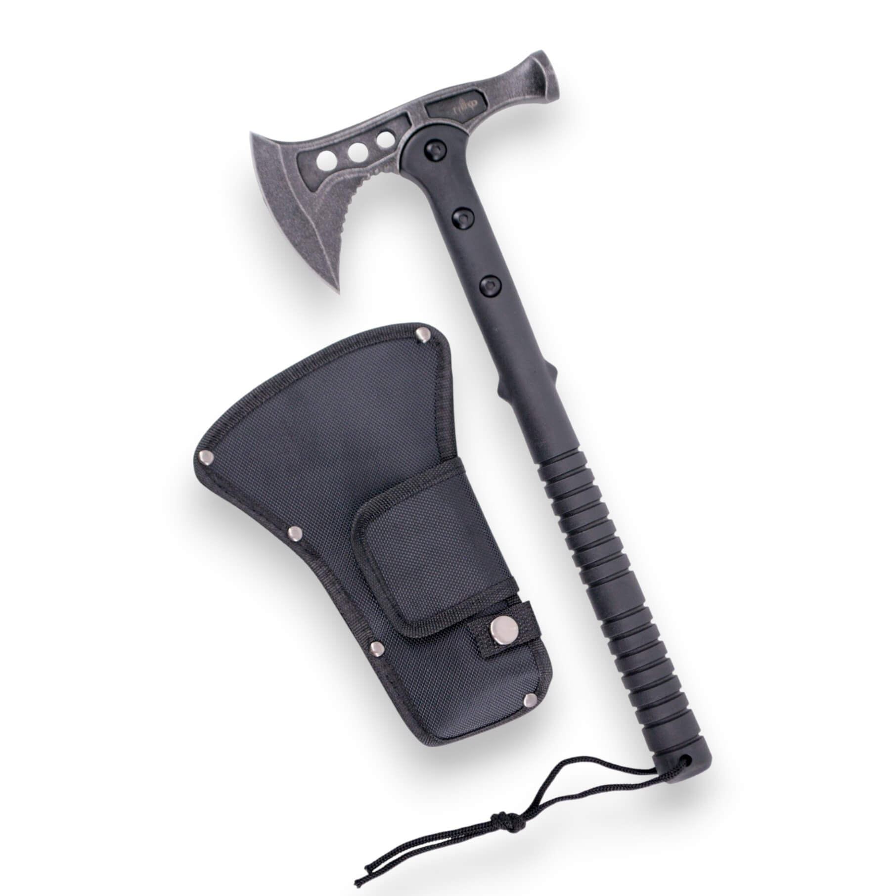Taktische Axt mit stonewashed schwarzer Klinge und schwarzem Nylongriff, 38 cm