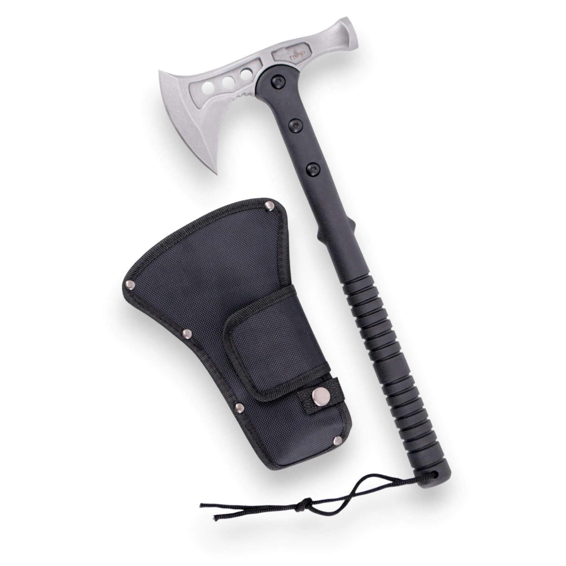 Taktische Axt mit stonewashed grauer Klinge und schwarzem Nylongriff, 38 cm