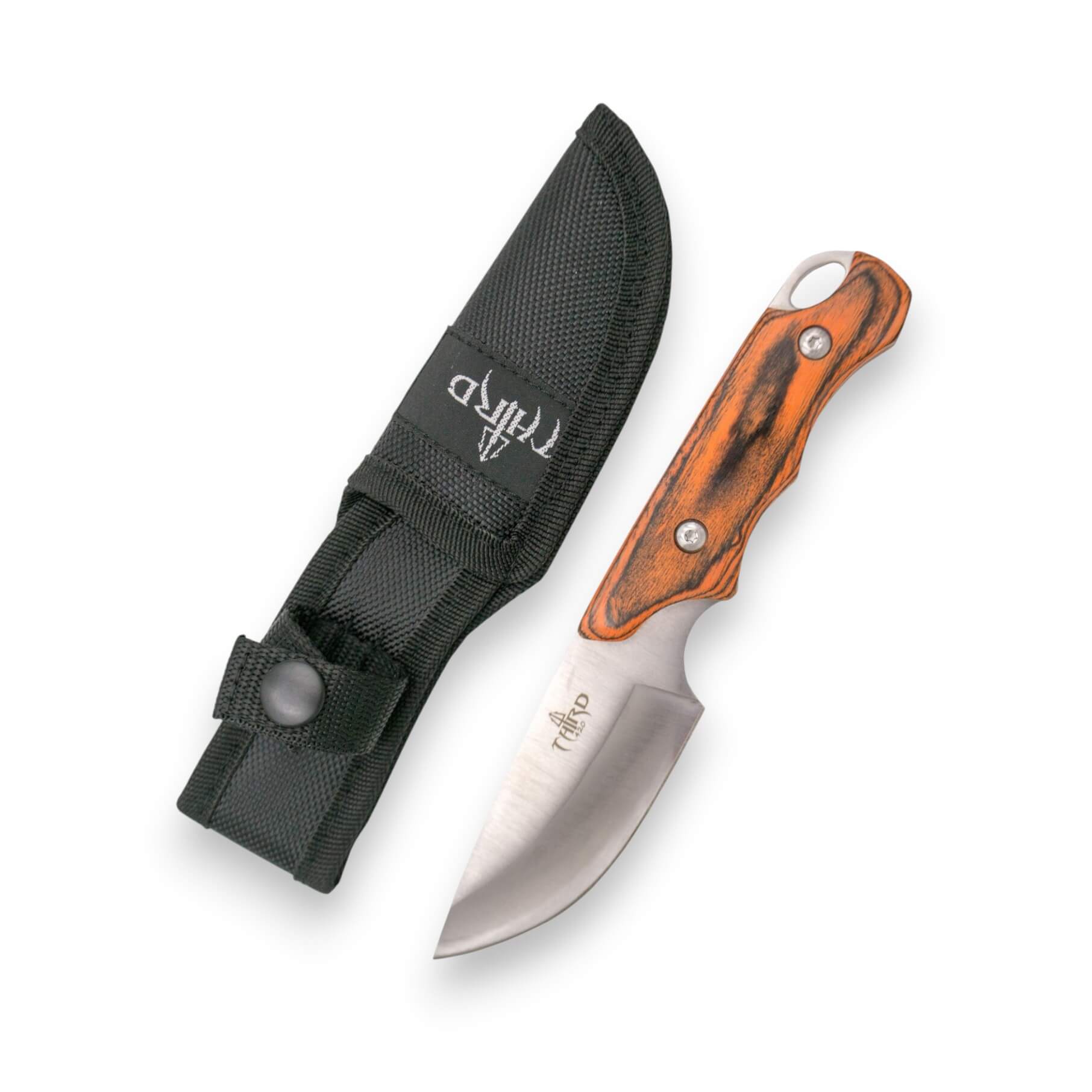 Jagdmesser mit einer 8,6 cm langen Klinge und einem Griff aus rotem Pakkaholz
