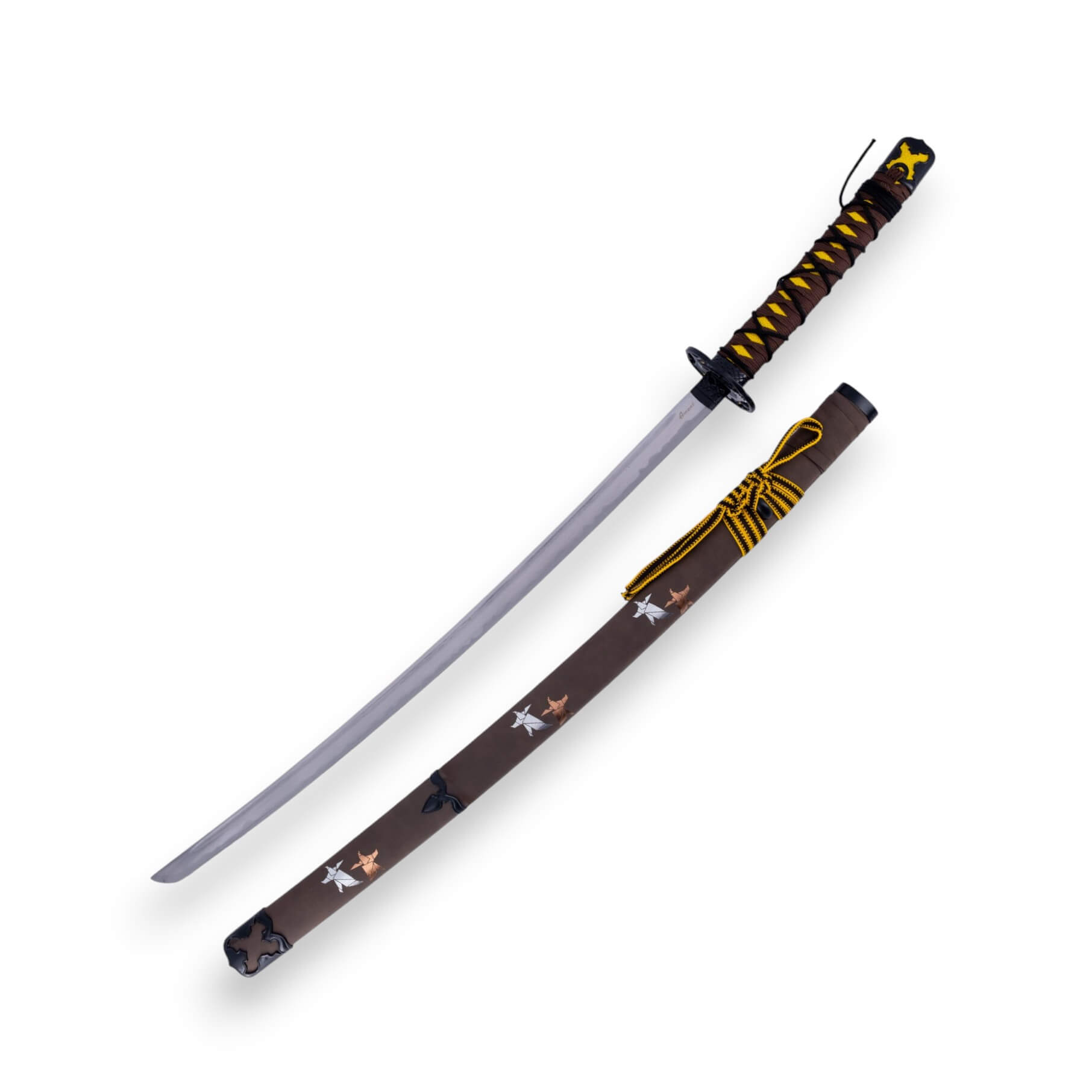 Katana Ghost of Yotei com lâmina de 67 cm com acabamento acetinado e cabo castanho e preto