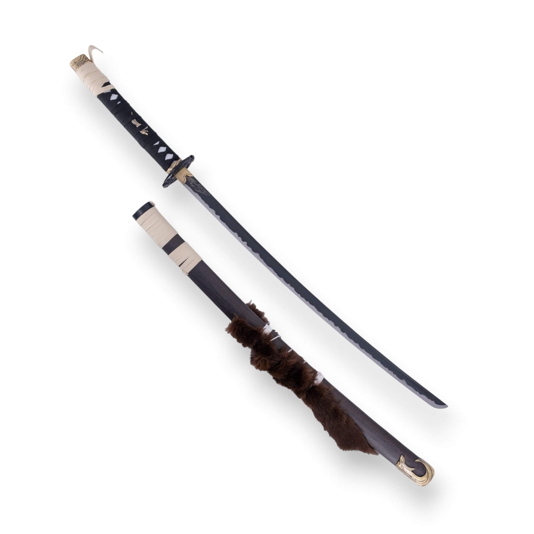 Katana Fantasma di Yotei con lama nera da 67 cm e impugnatura bianco-marrone