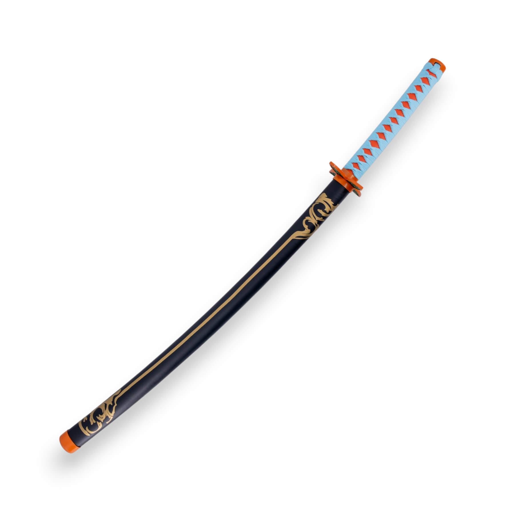 Katana Kochou Shinobu Demon Slayer com cabo envolto em corda azul-celeste e lâmina preta de 67,5 cm