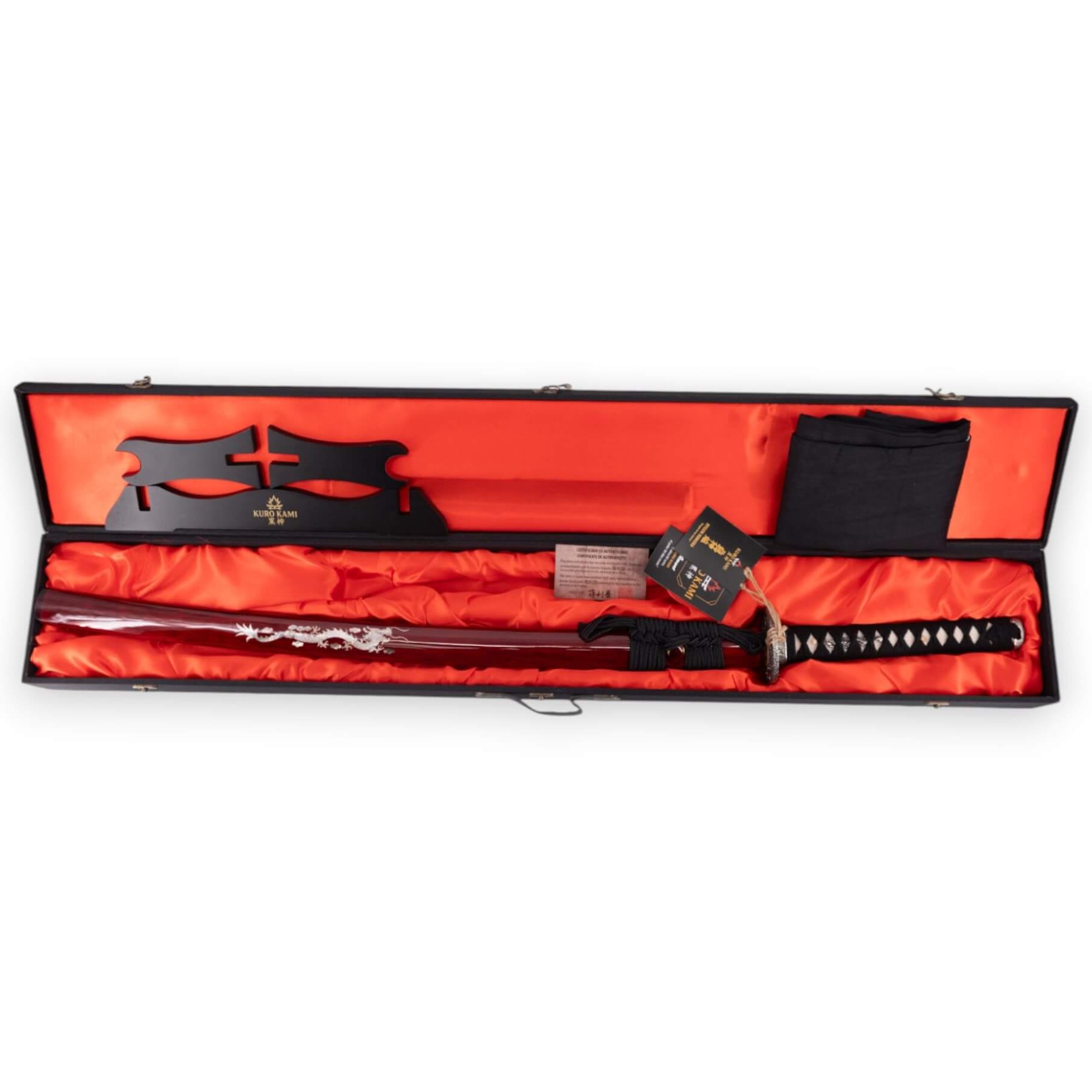 Katana KURO KAMI modelo Ryujin Homura hoja de acero damasco 800 capas y vaina roja