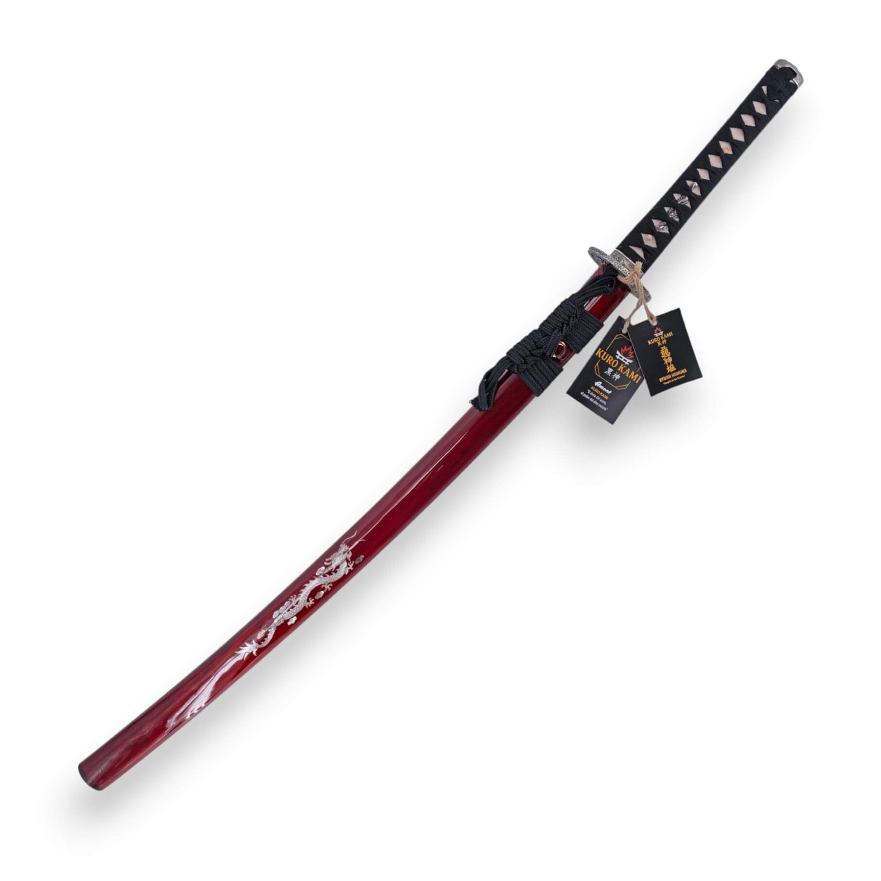 Katana KURO KAMI modelo Ryujin Homura hoja de acero damasco 800 capas y vaina roja