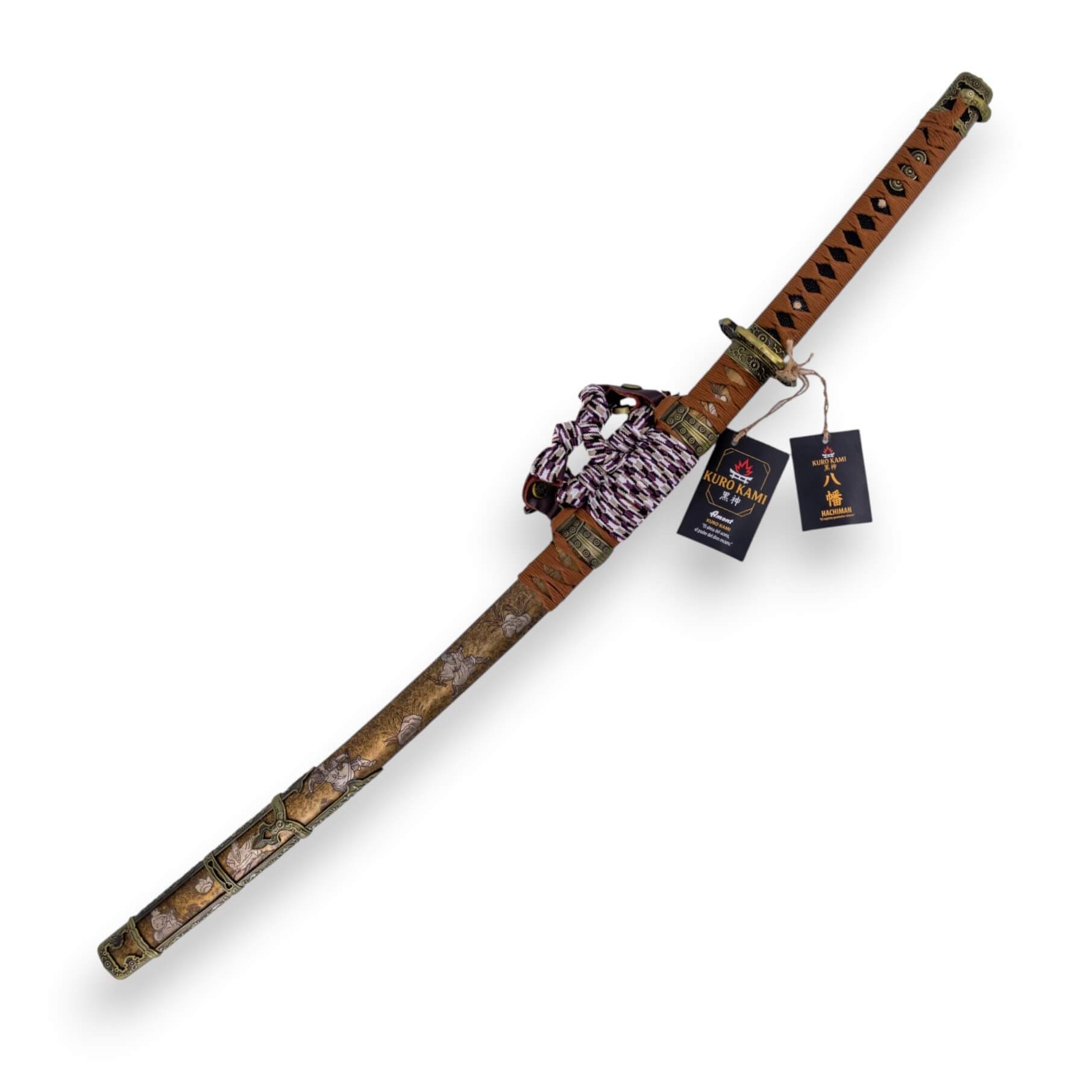 Katana KURO KAMI Hachiman hoja de acero carbono 1090 y vaina con grabados de figuras de guerreros ancestrales