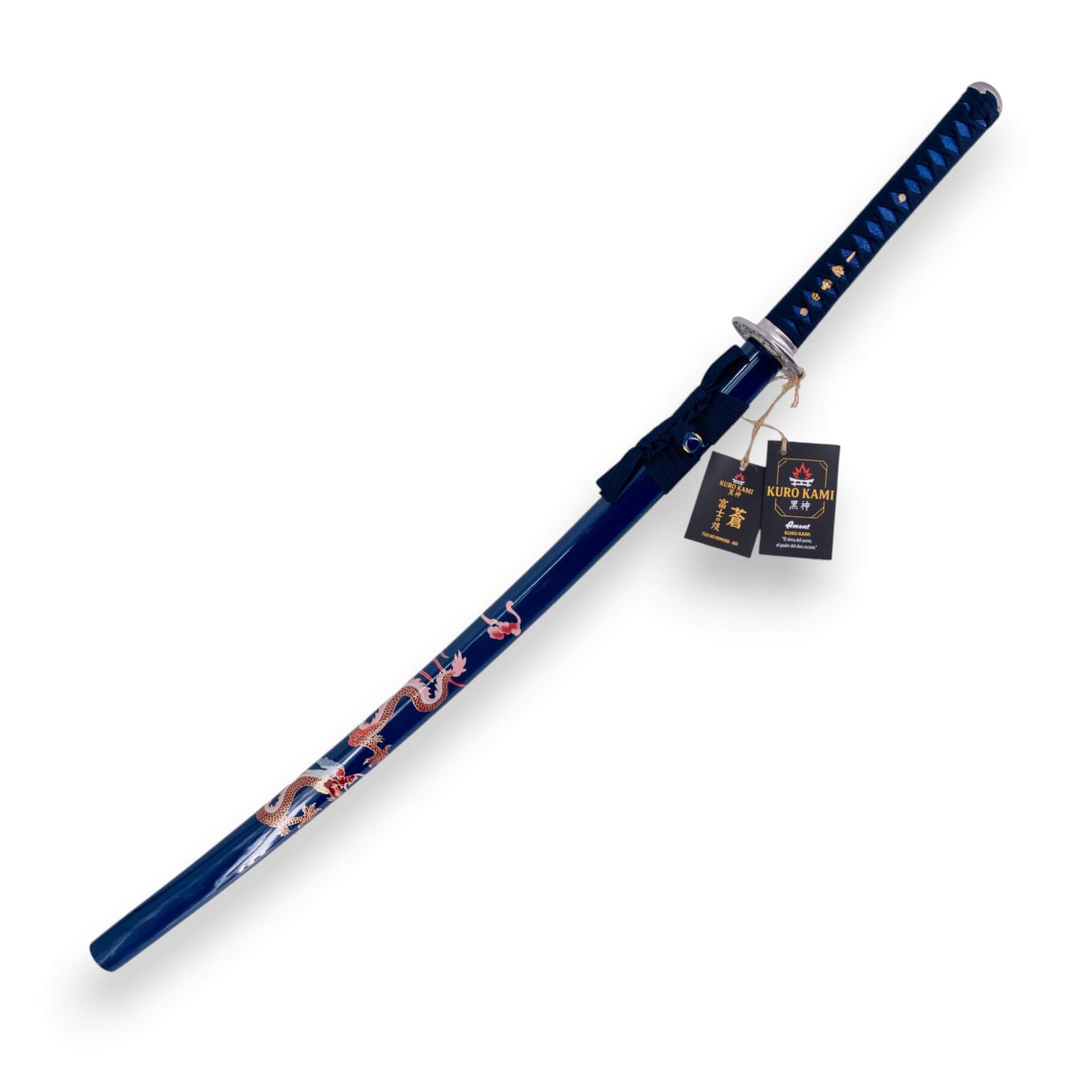 Katana KURO KAMI Fuji No Homura AOI hoja de damasco de 800 capas con vaina y mango azul