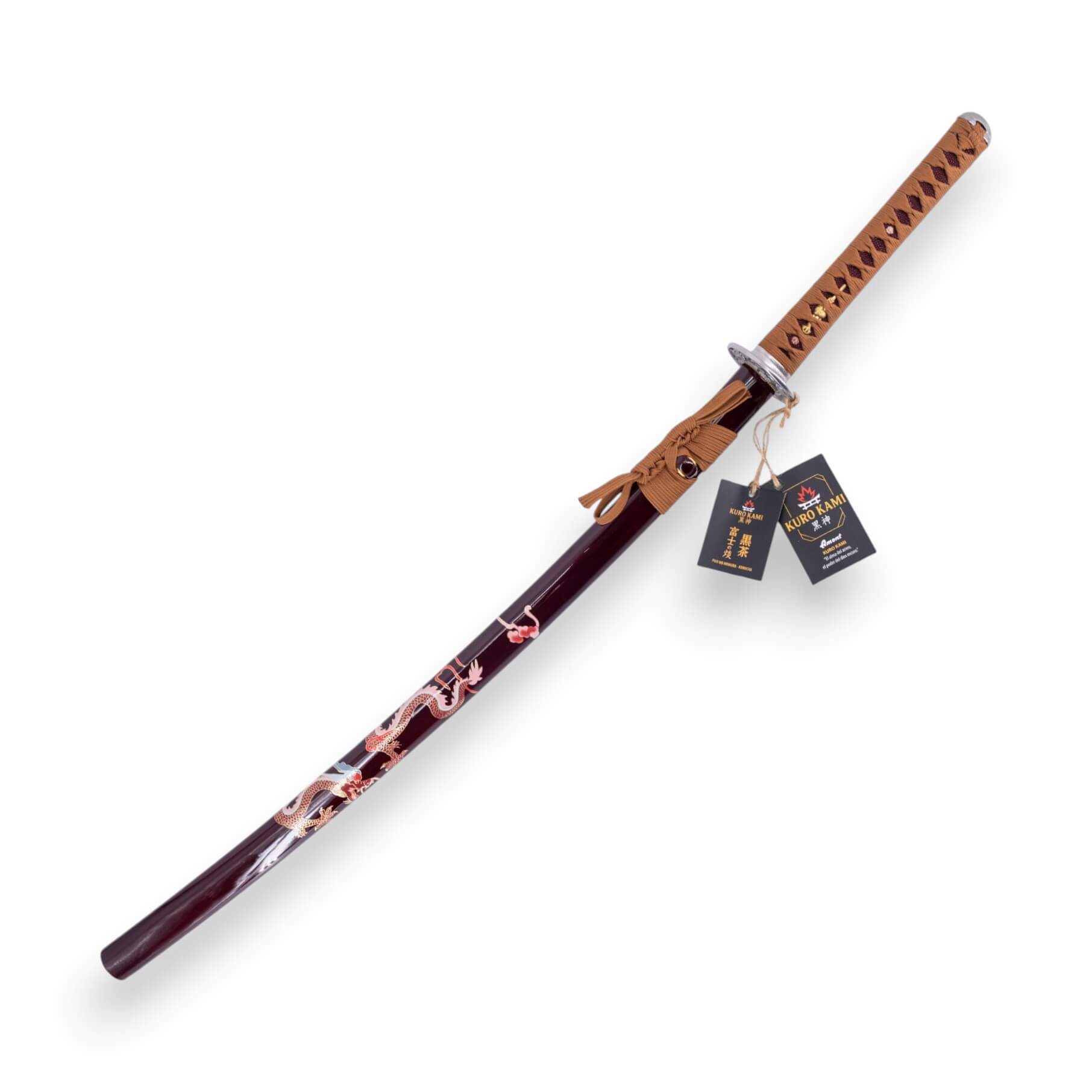 Katana KURO KAMI Fuji No Homura KUROCHA hoja de damasco de 800 capas con vaina y puño marrón