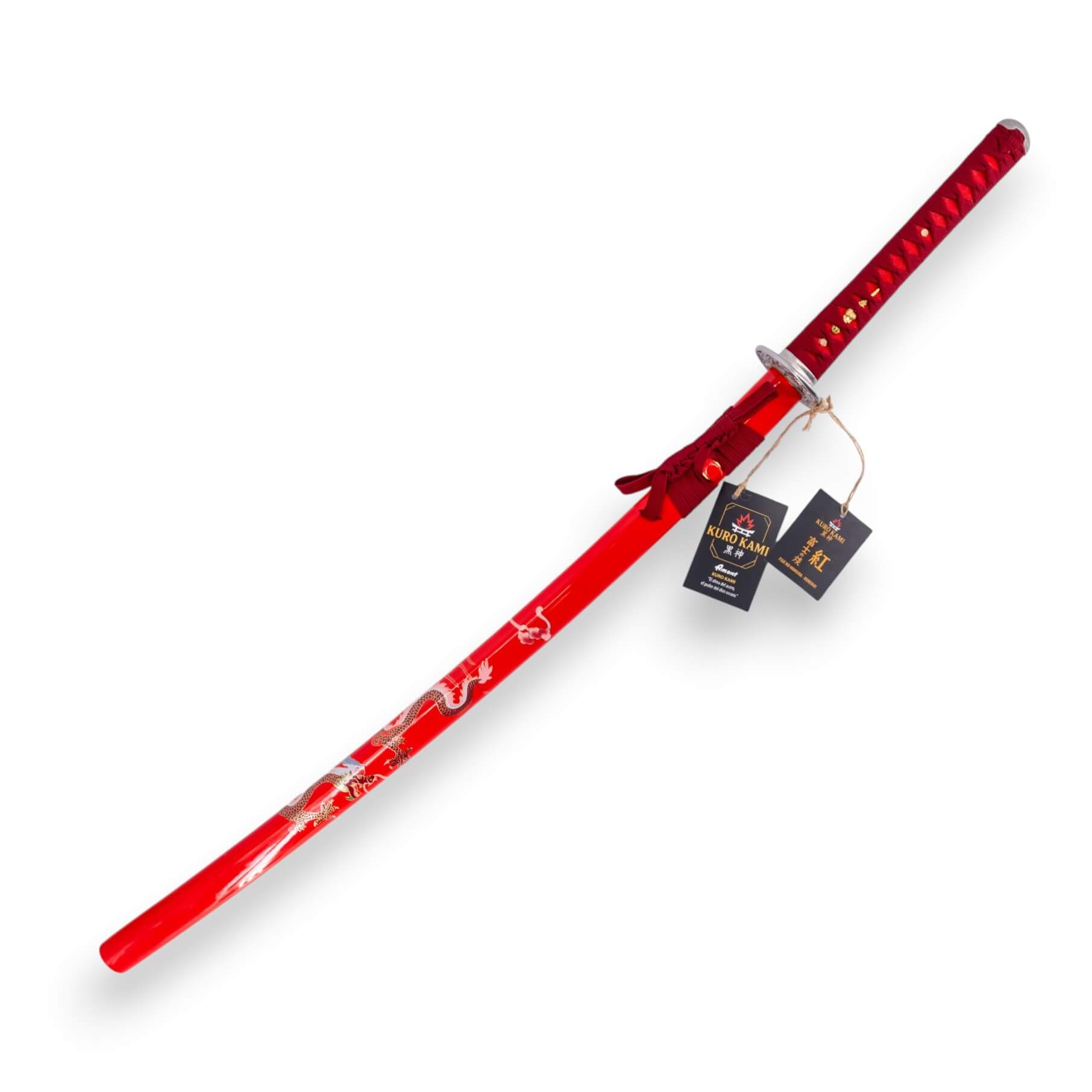 Katana KURO KAMI Fuji No Homura KURENAI hoja de damasco de 800 capas con vaina y puño rojo
