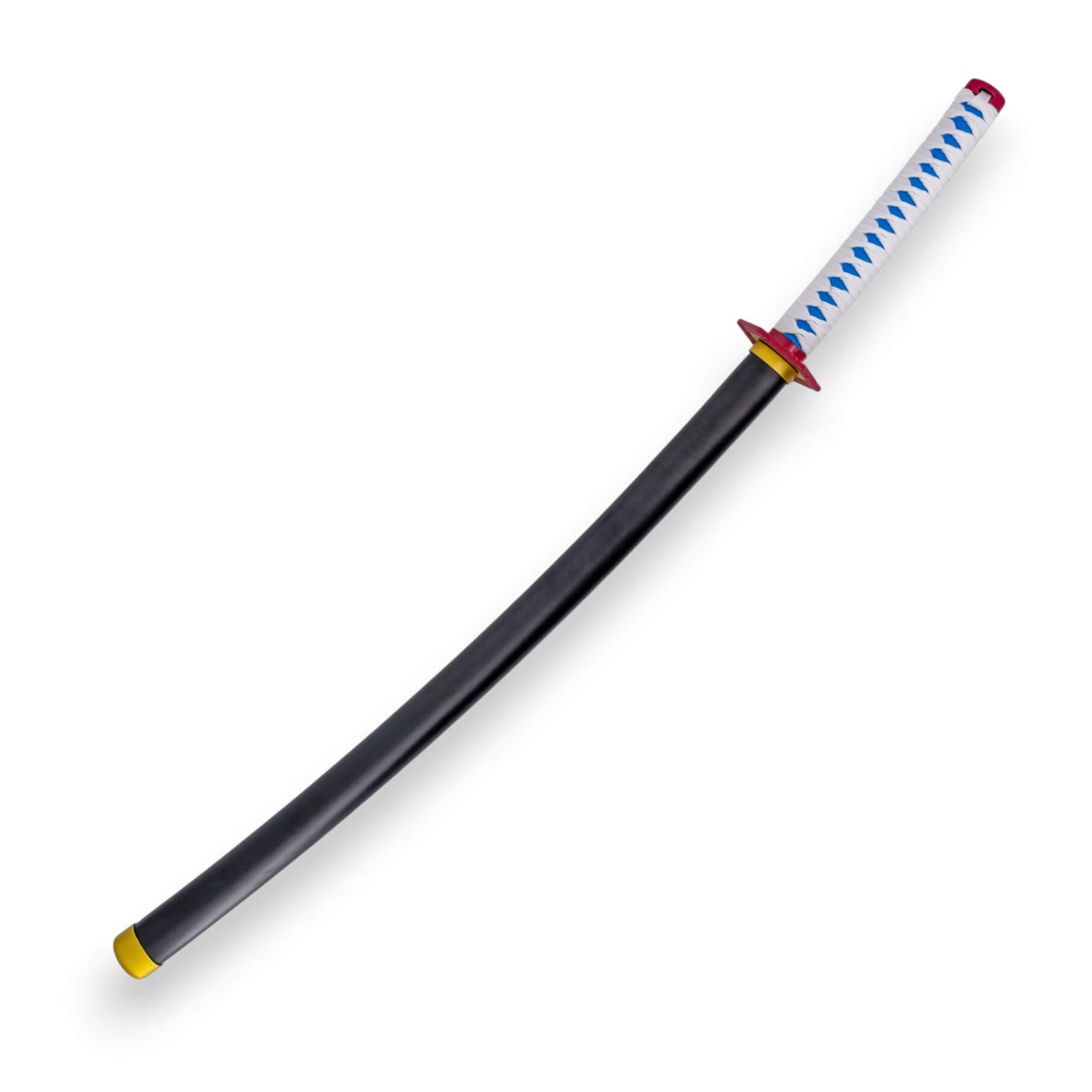 Katana de Tomioka Giyuu de Demon Slayer com lâmina preta e azul e tsuba rosa e dourado