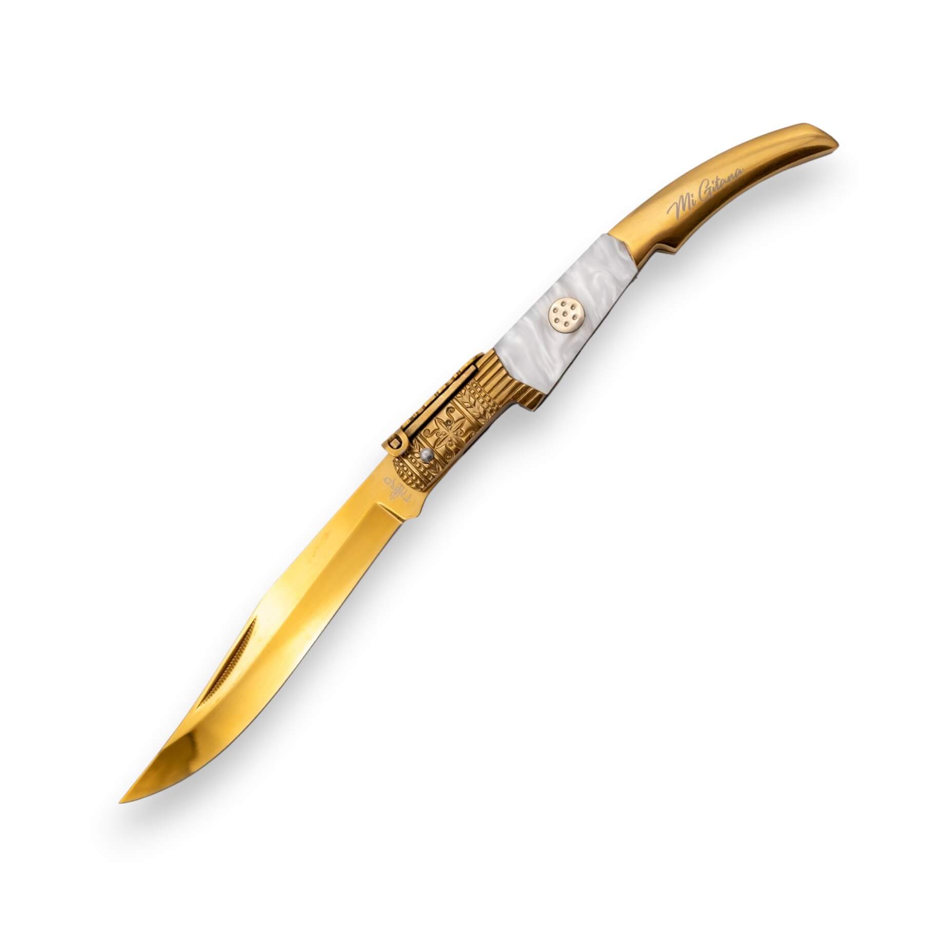 Couteau de poche à cliquet Mi Gitana doré avec manche blanc et la...