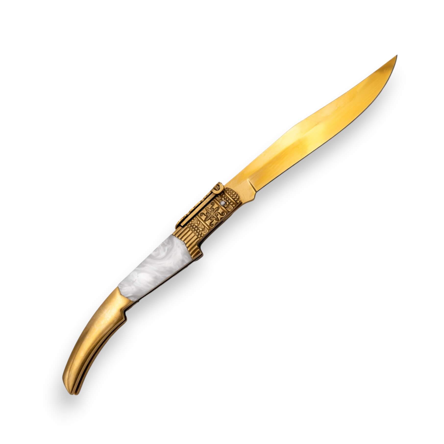 Couteau de poche à cliquet Mi Gitana doré avec manche blanc et lame de 13 cm