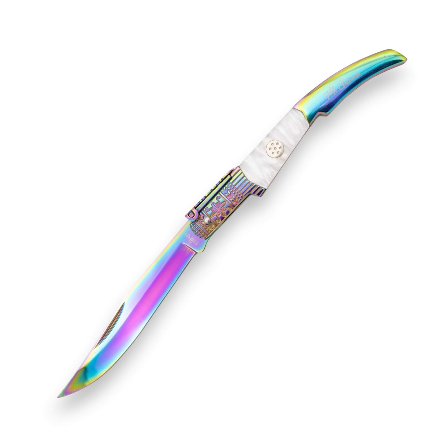 Couteau à cliquet Mi Gitana arc-en-ciel avec manche blanc et lame...