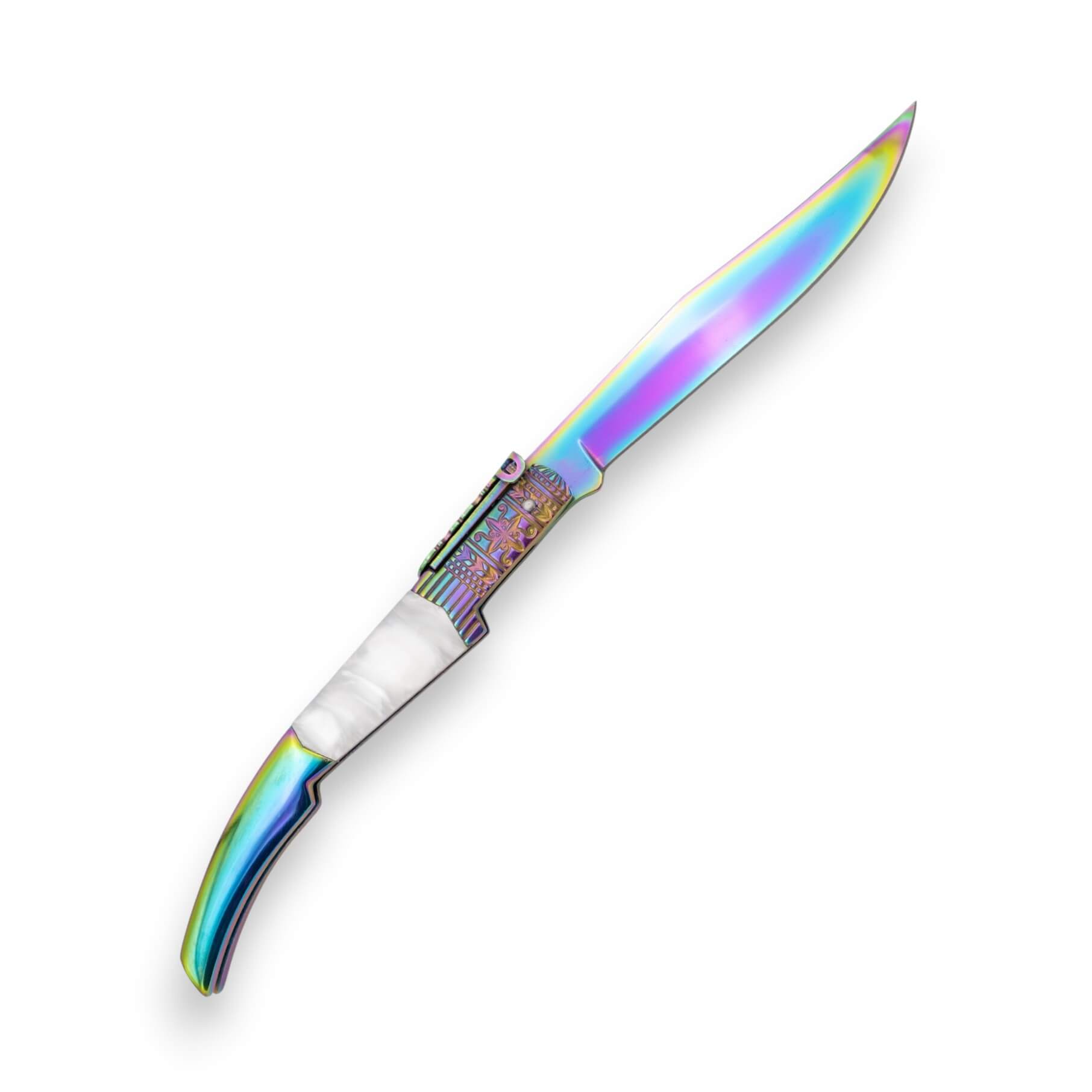 Couteau à cliquet Mi Gitana arc-en-ciel avec manche blanc et lame de 13 cm
