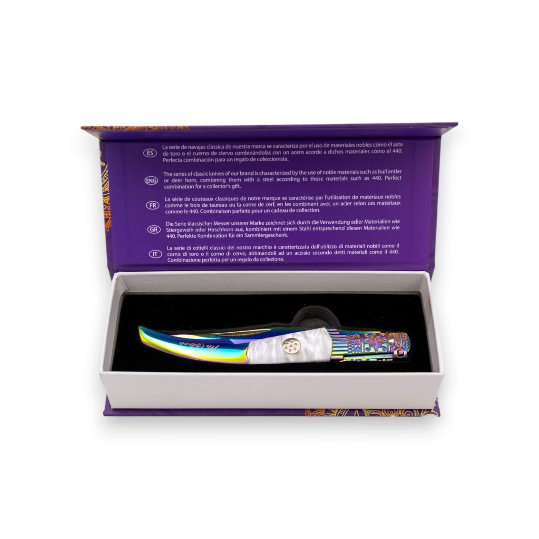Couteau à cliquet Mi Gitana arc-en-ciel avec manche blanc et lame de 13 cm